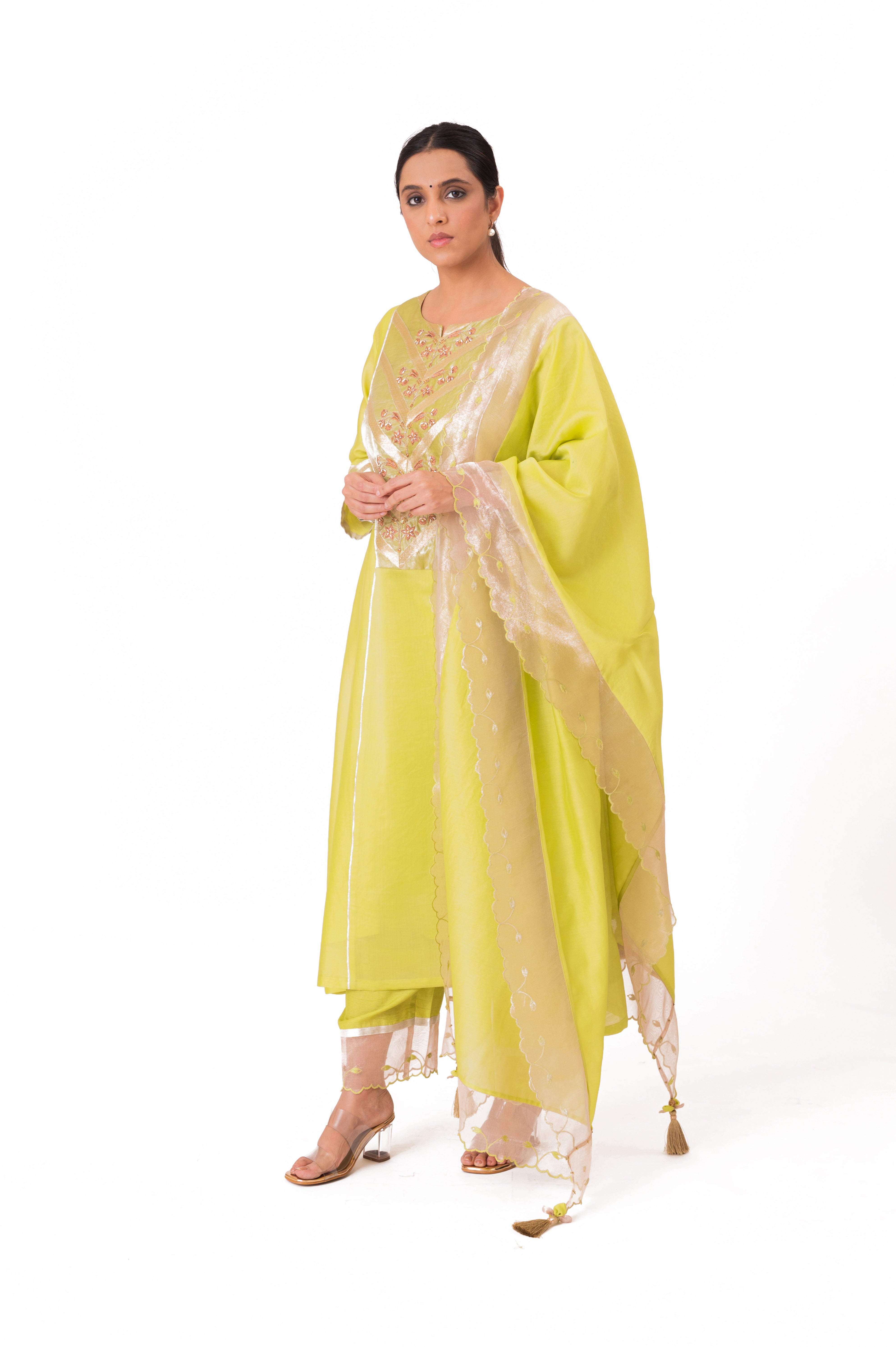 LILA - Lime Green - Banarasi Yoke Kurta Set