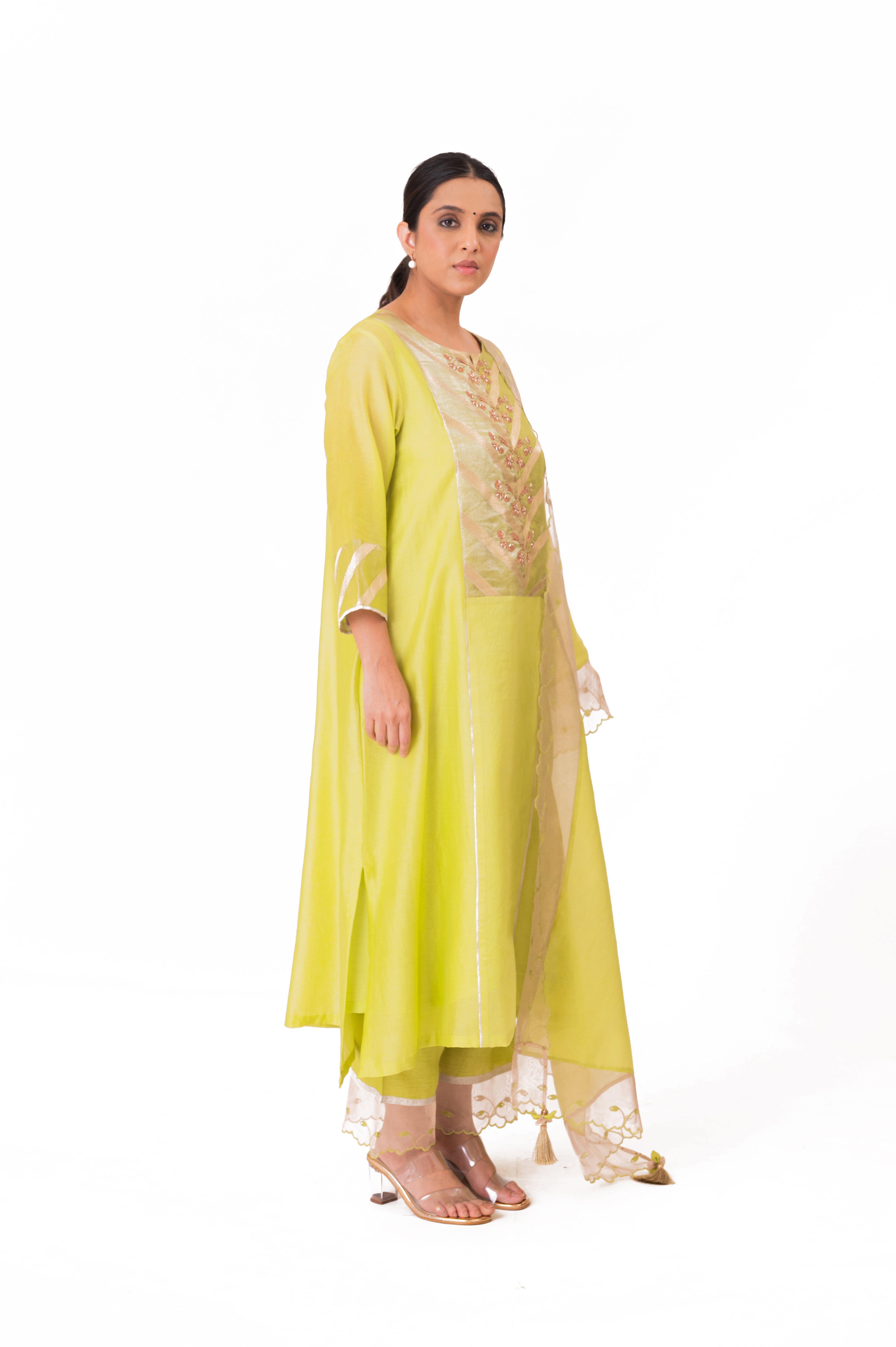 LILA - Lime Green - Banarasi Yoke Kurta Set