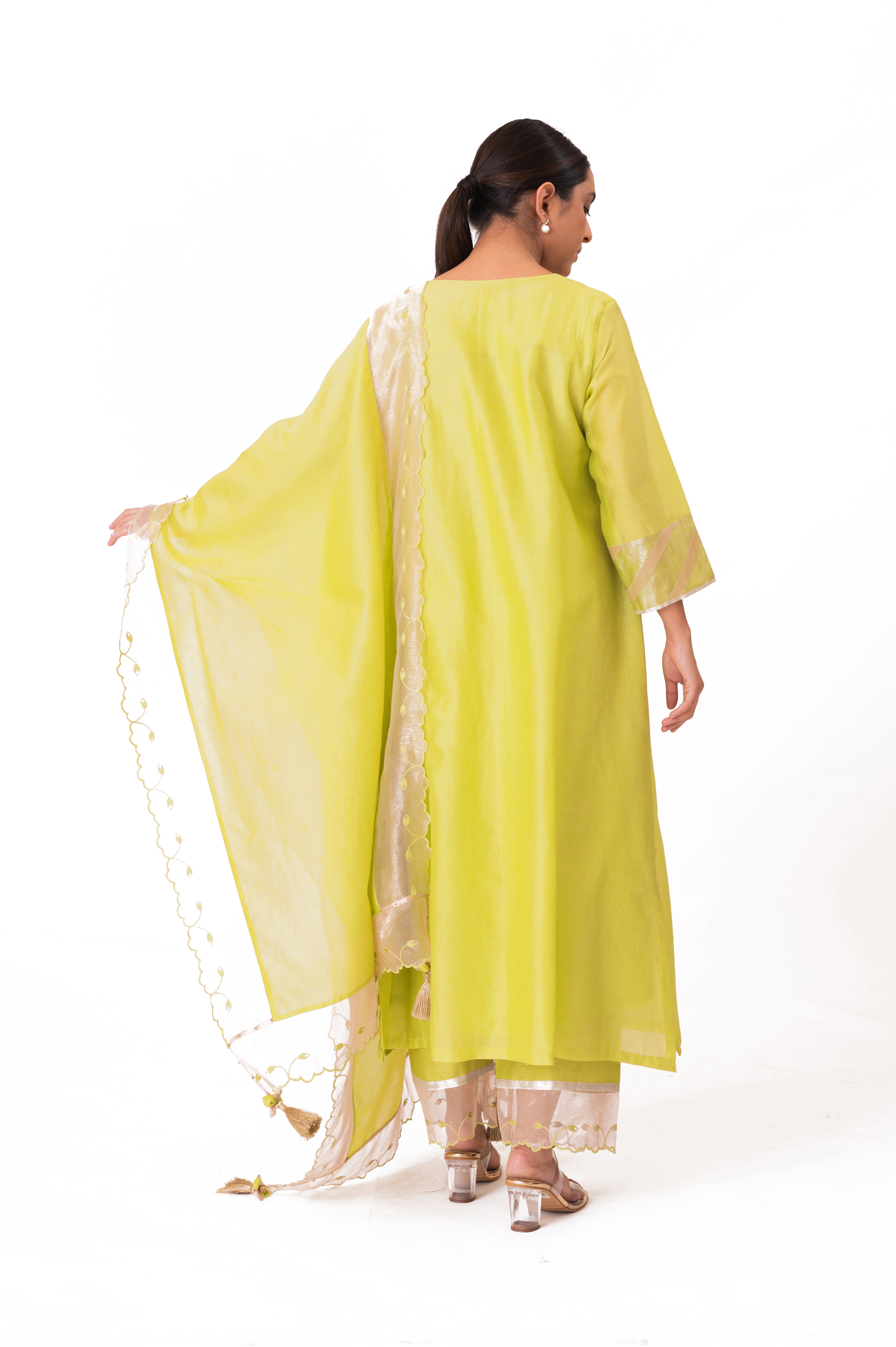 LILA - Lime Green - Banarasi Yoke Kurta Set