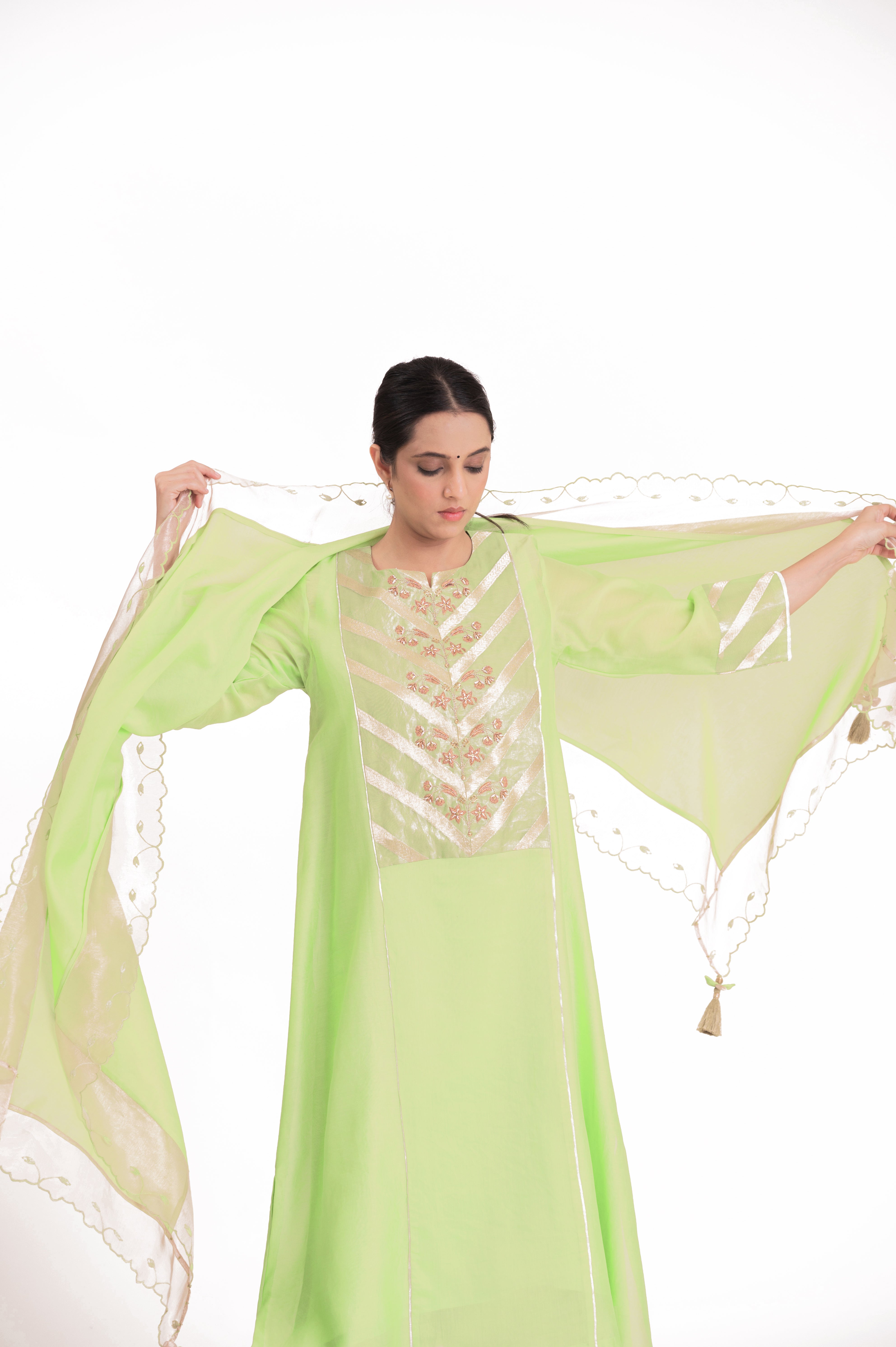 LILA - Pistachio Green - Banarasi Yoke Kurta Set