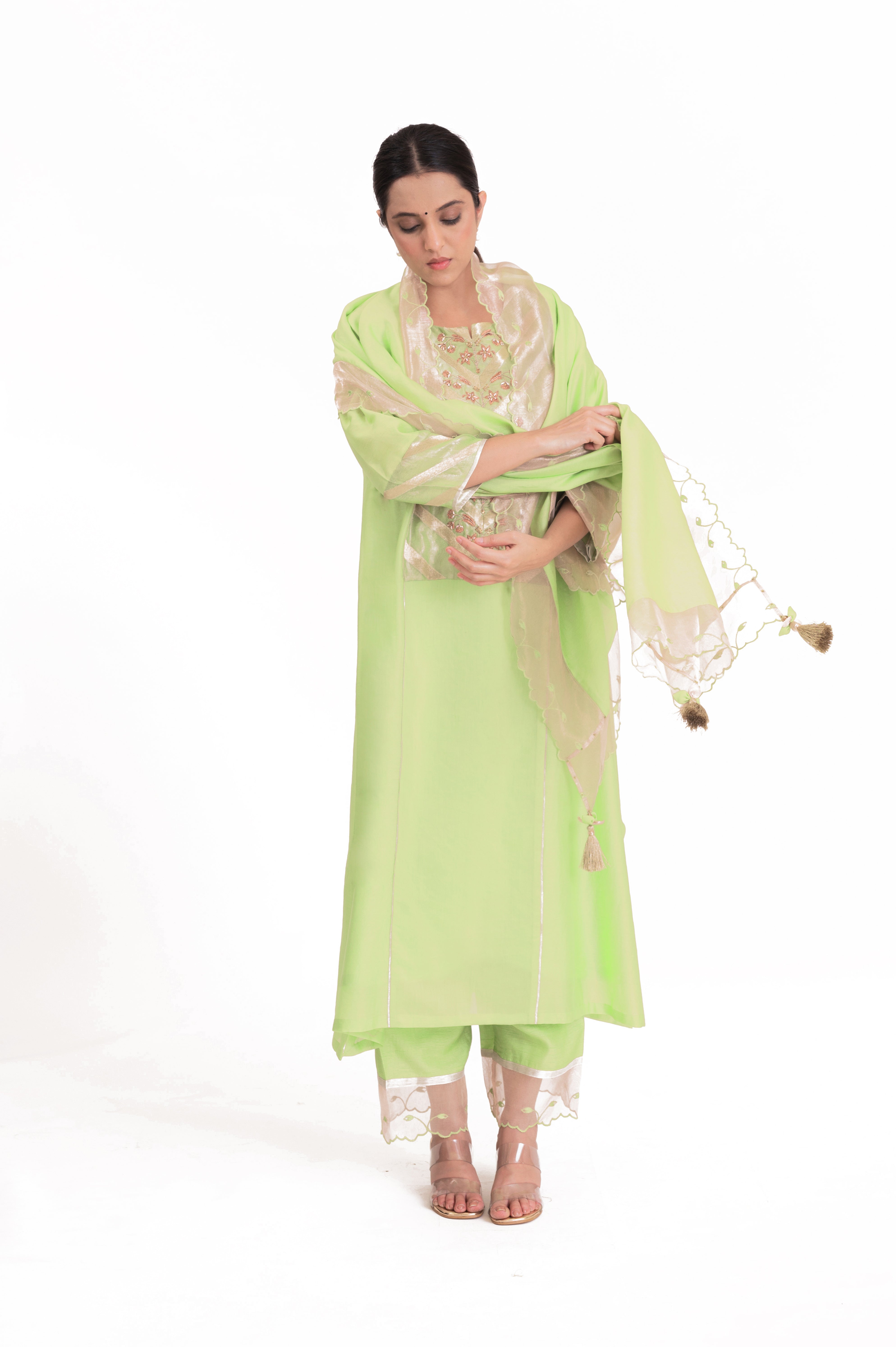 LILA - Pistachio Green - Banarasi Yoke Kurta Set
