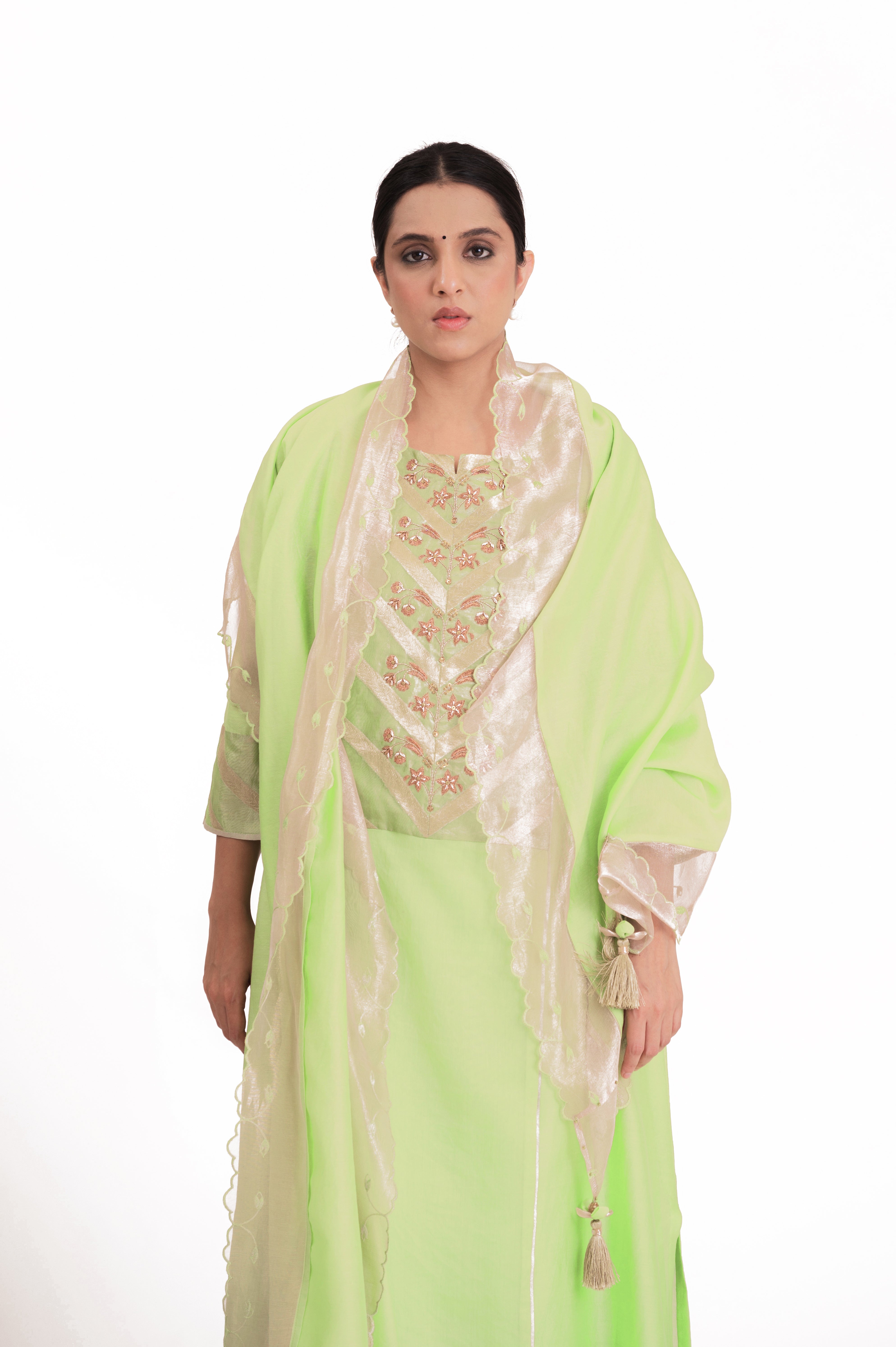 LILA - Pistachio Green - Banarasi Yoke Kurta Set