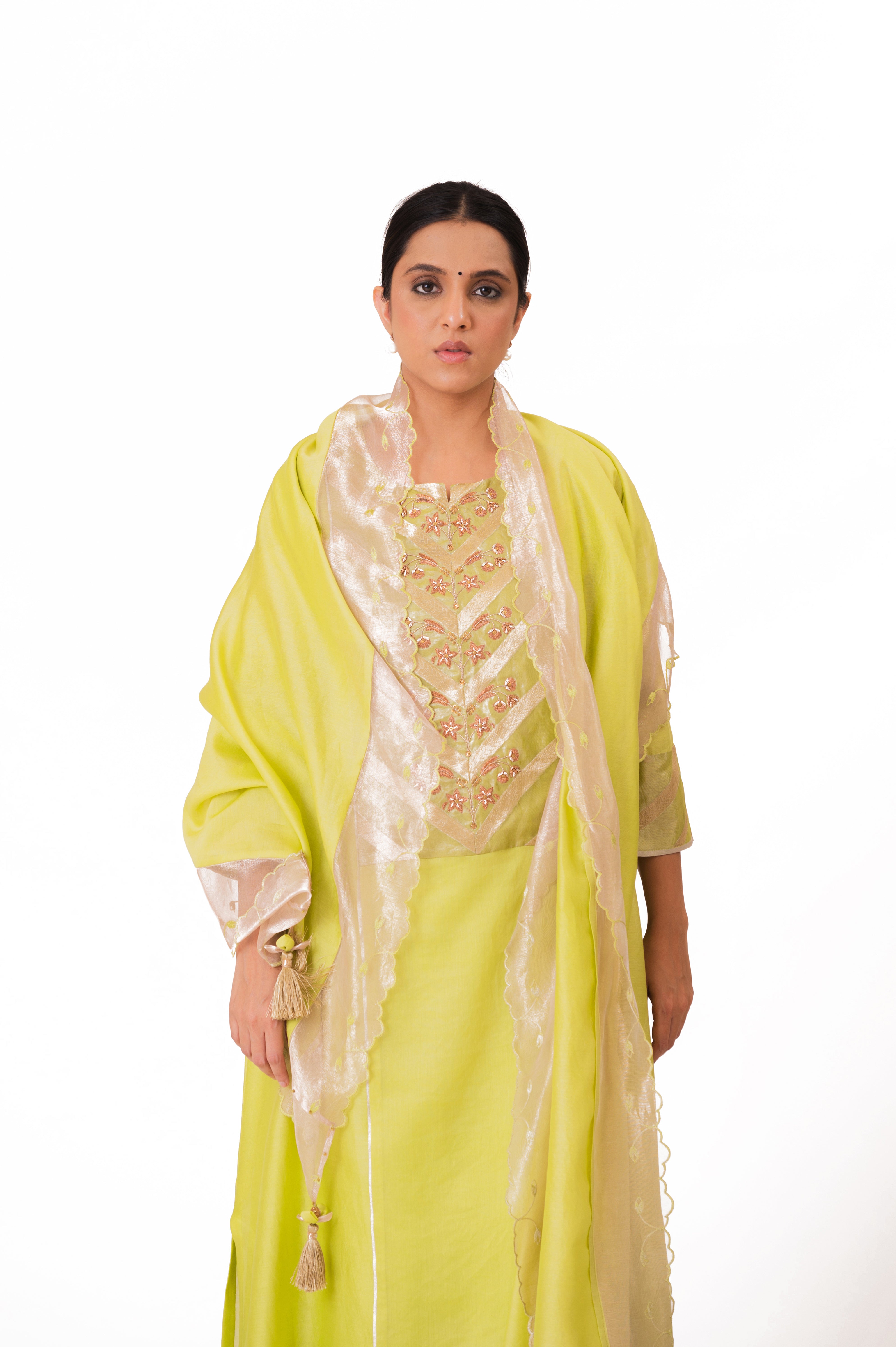 LILA - Lime Green - Banarasi Yoke Kurta Set