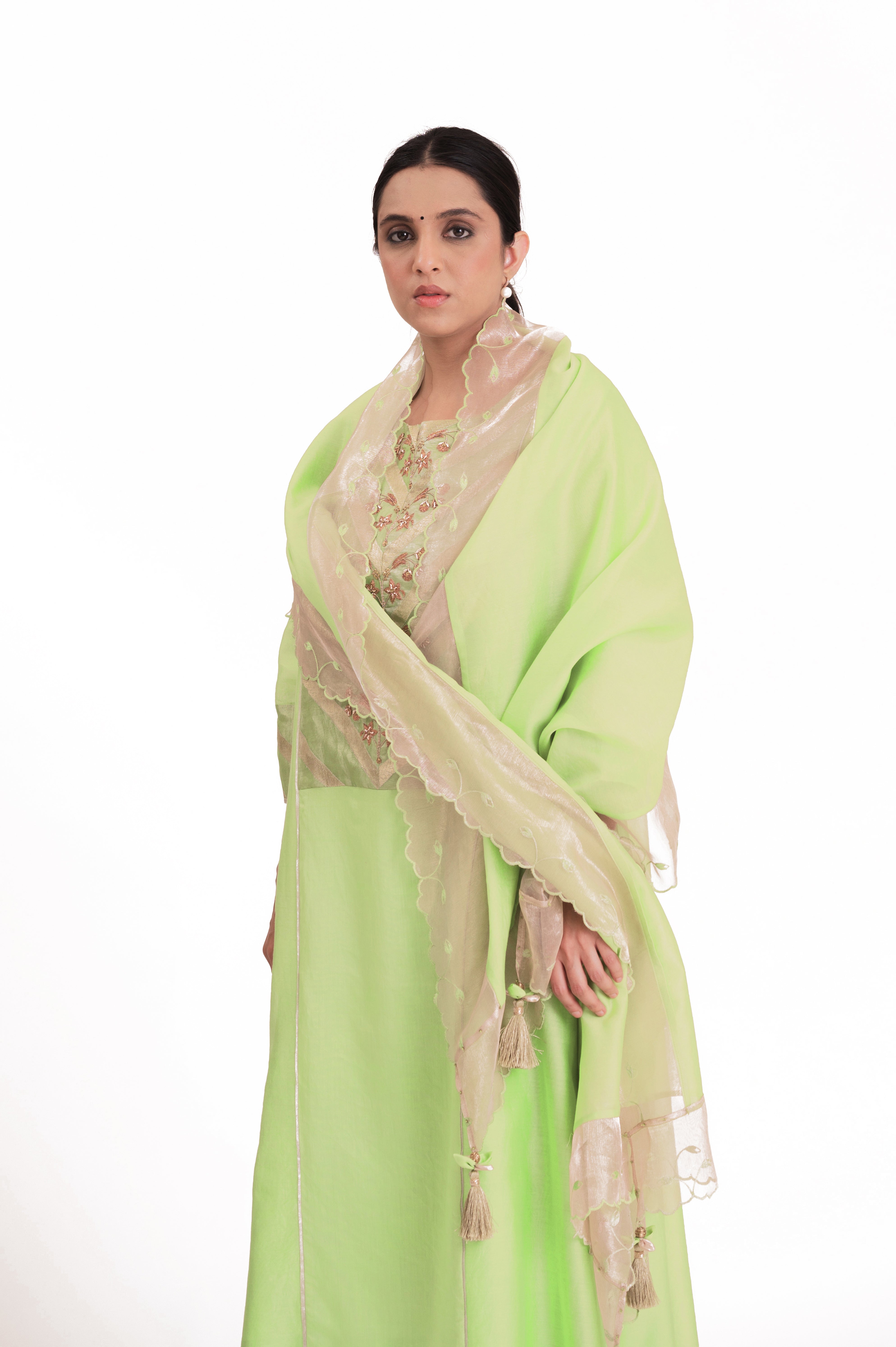LILA - Pistachio Green - Banarasi Yoke Kurta Set