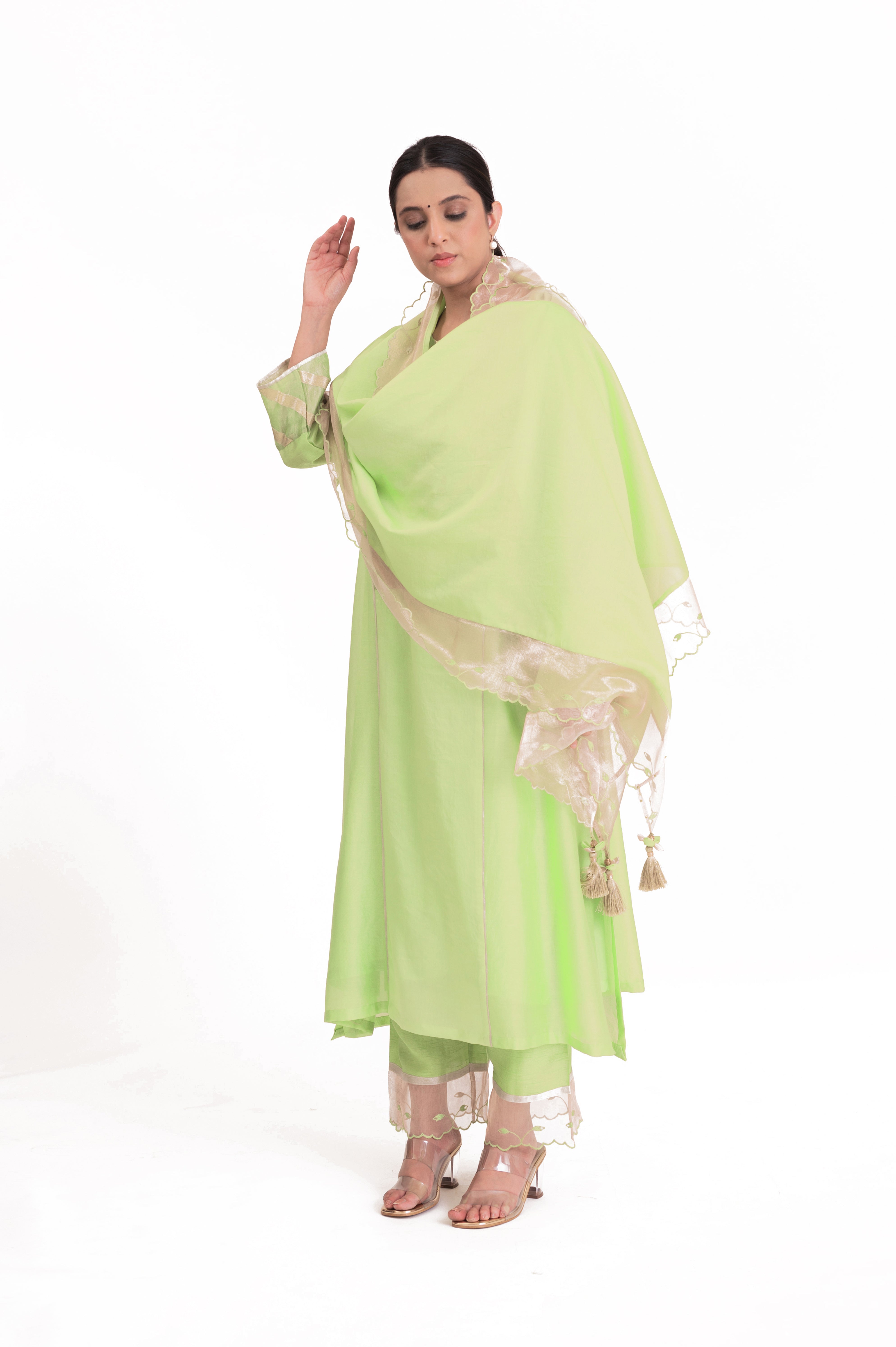 LILA - Pistachio Green - Banarasi Yoke Kurta Set