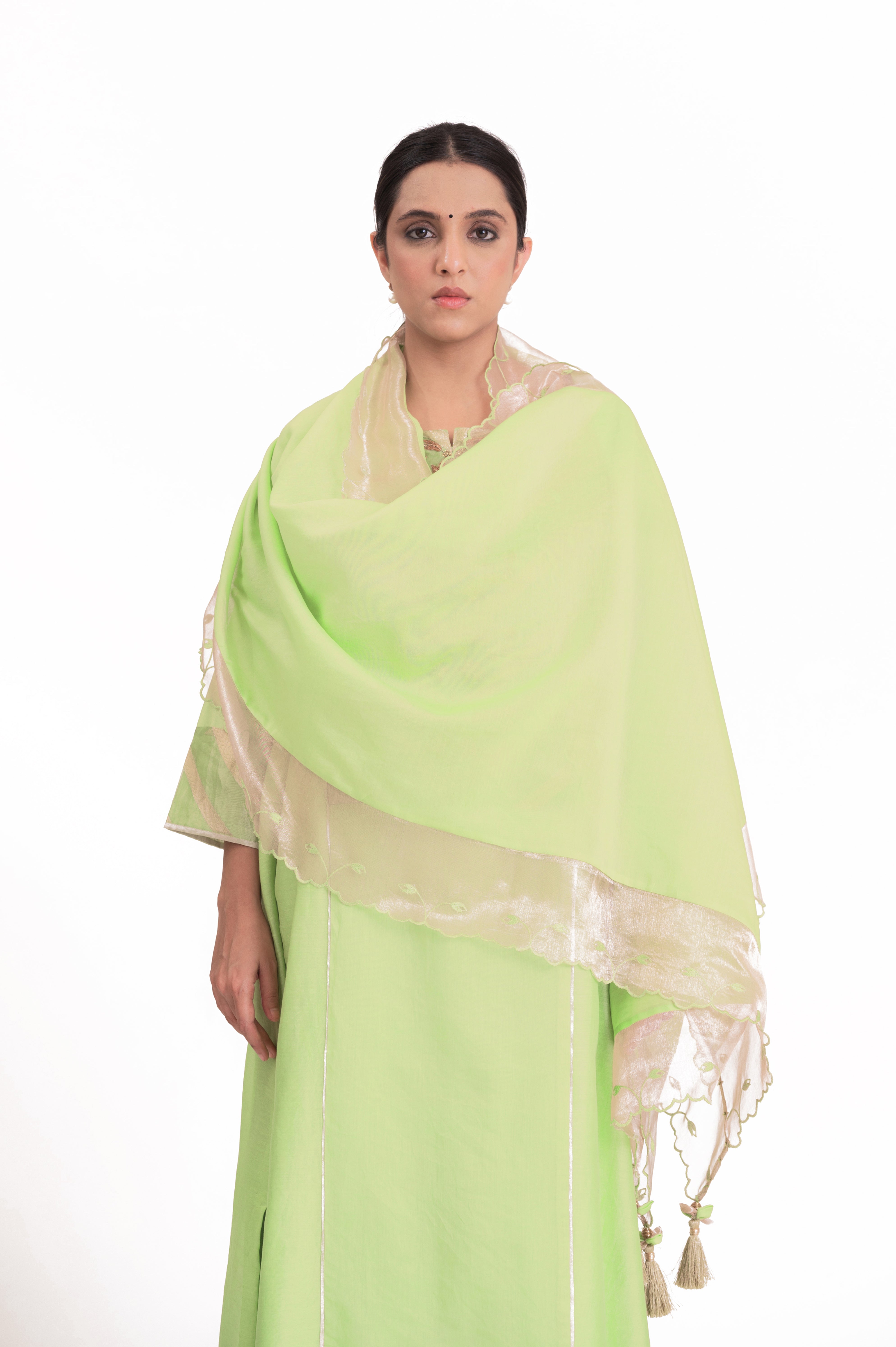 LILA - Pistachio Green - Banarasi Yoke Kurta Set
