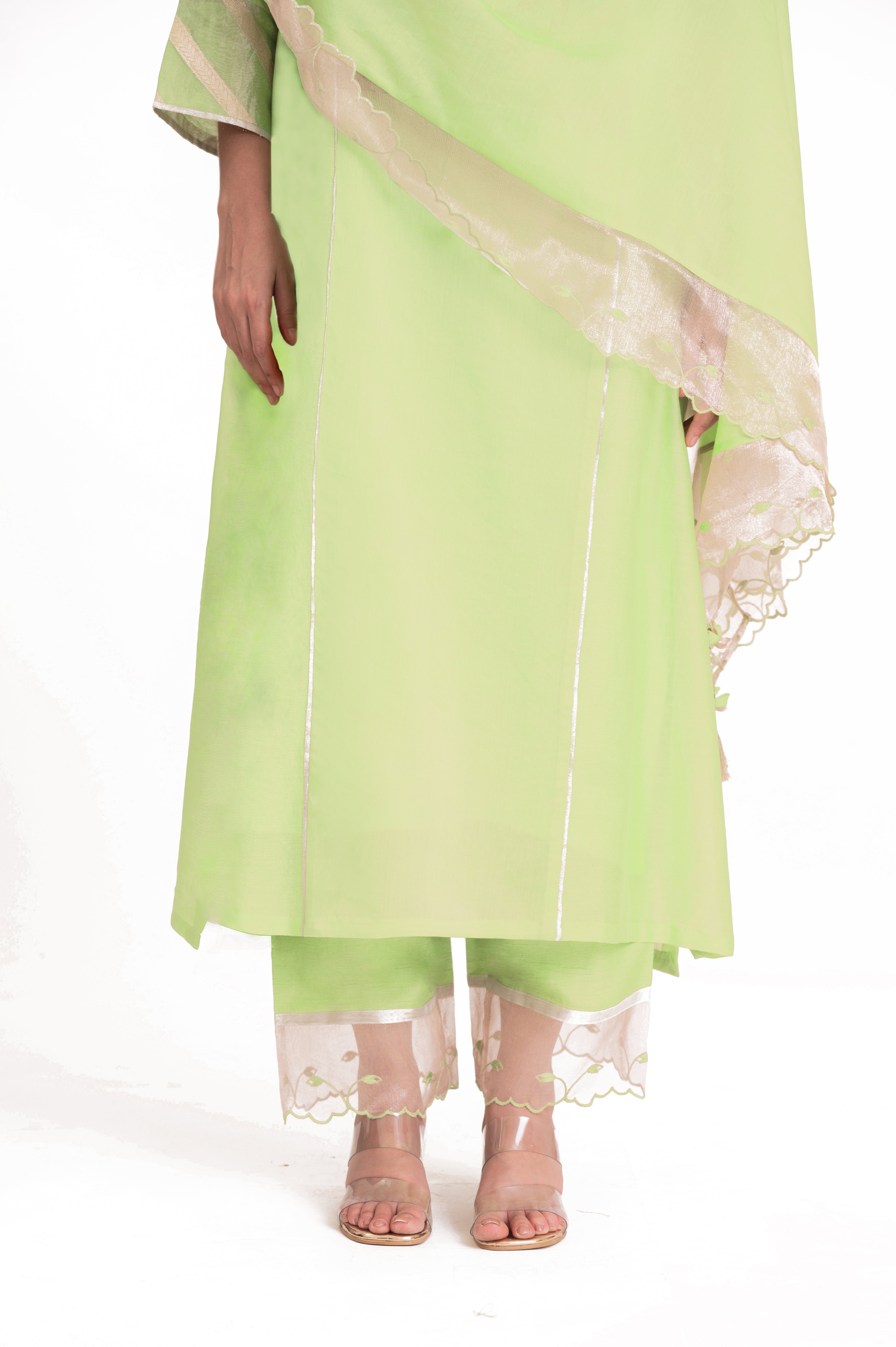 LILA - Pistachio Green - Banarasi Yoke Kurta Set