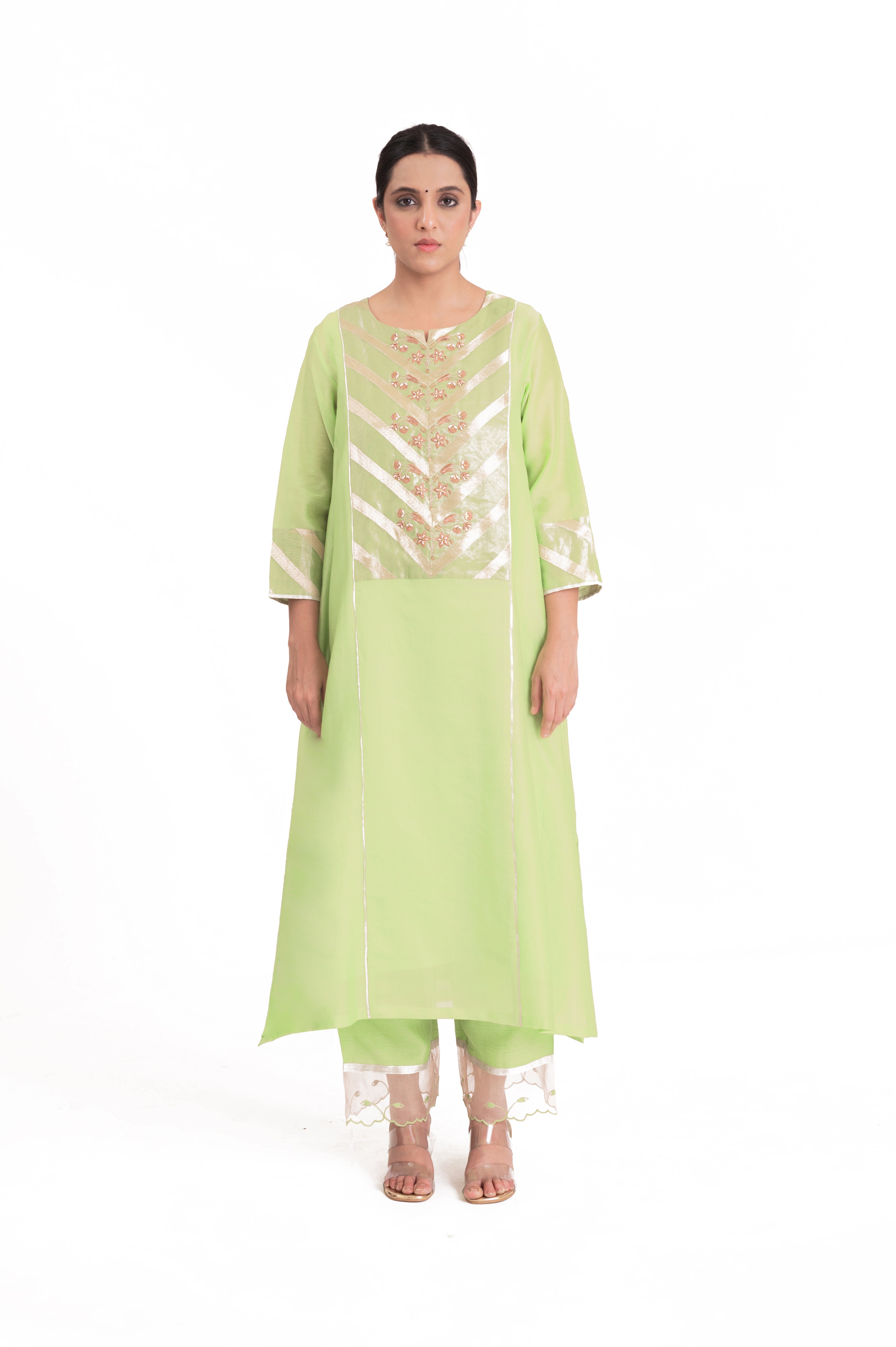 LILA - Pistachio Green - Banarasi Yoke Kurta Set