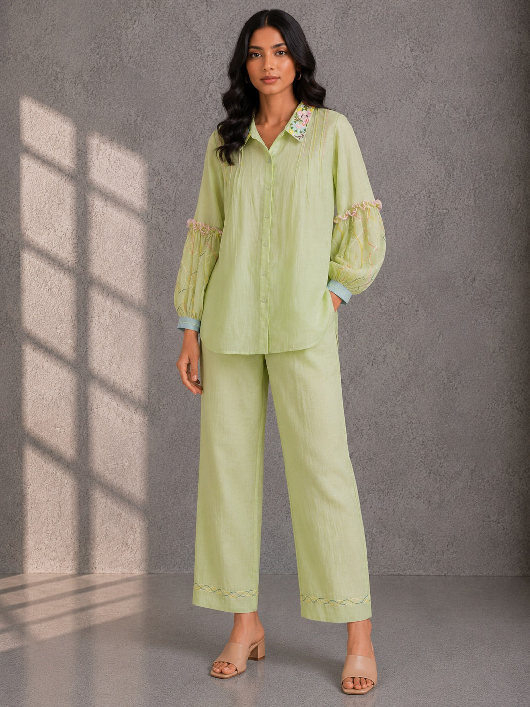 Soft Lime Embroidered Shirt & Pants Set