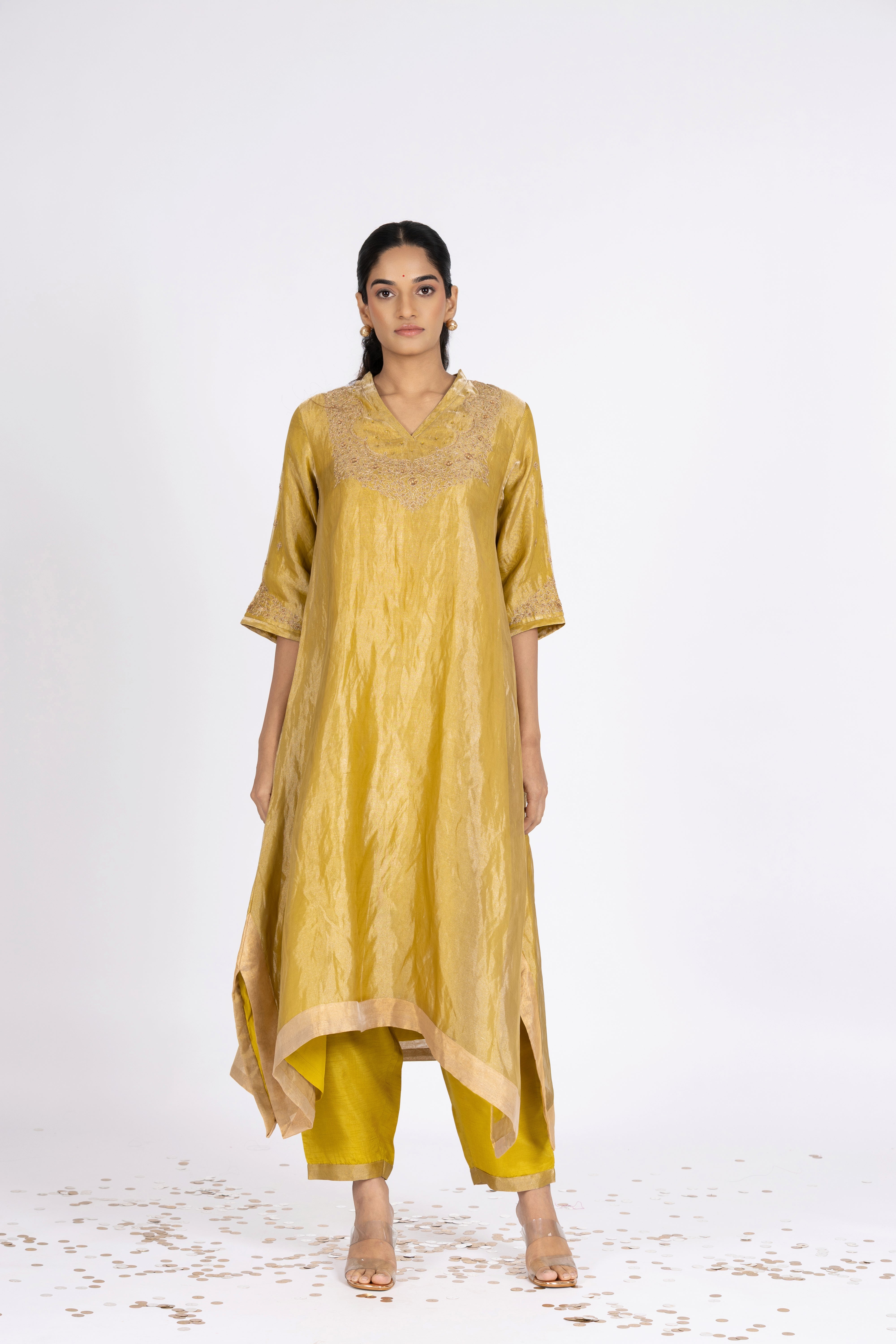 Green Tissue - V Neck - Kurta Set