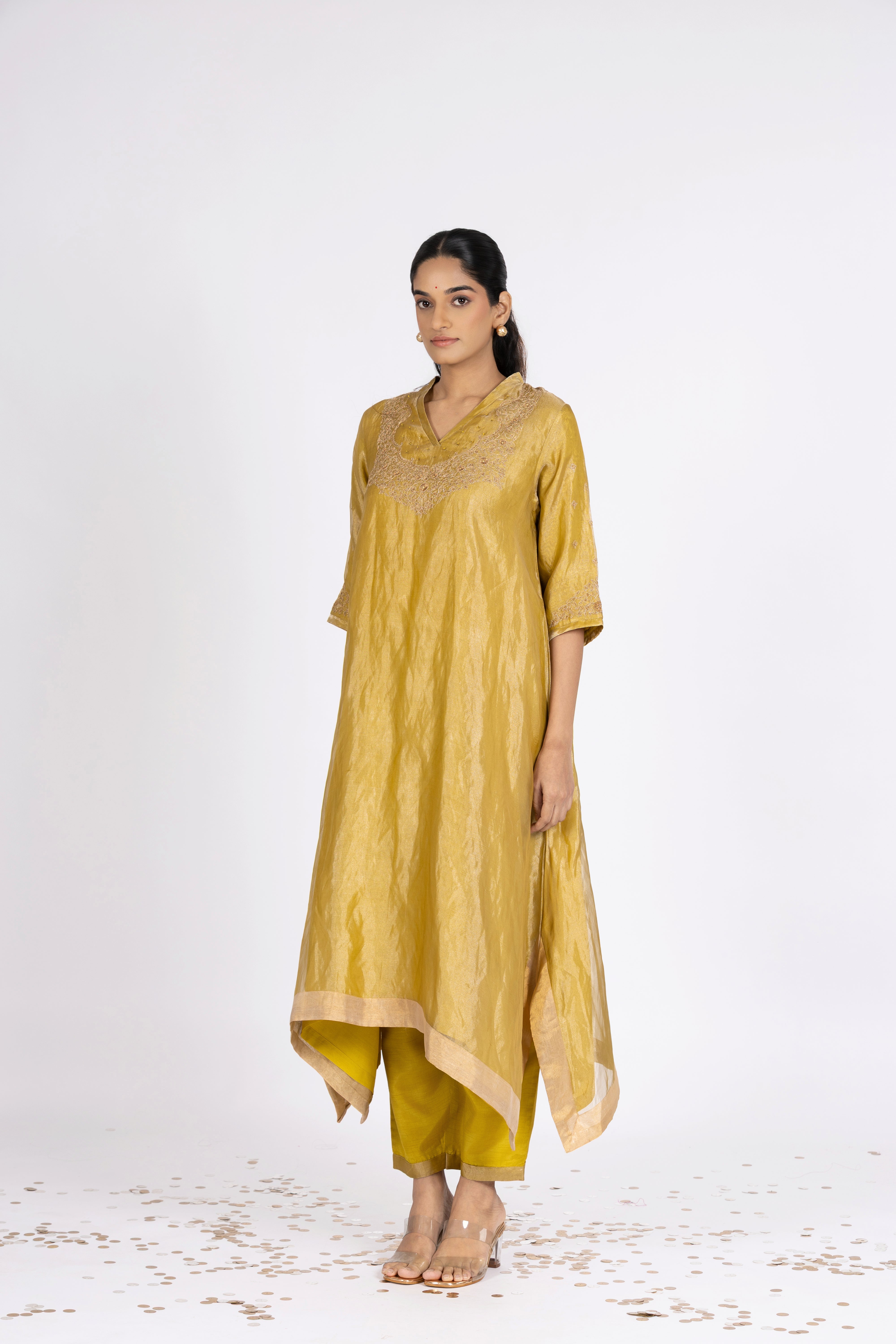 Green Tissue - V Neck - Kurta Set