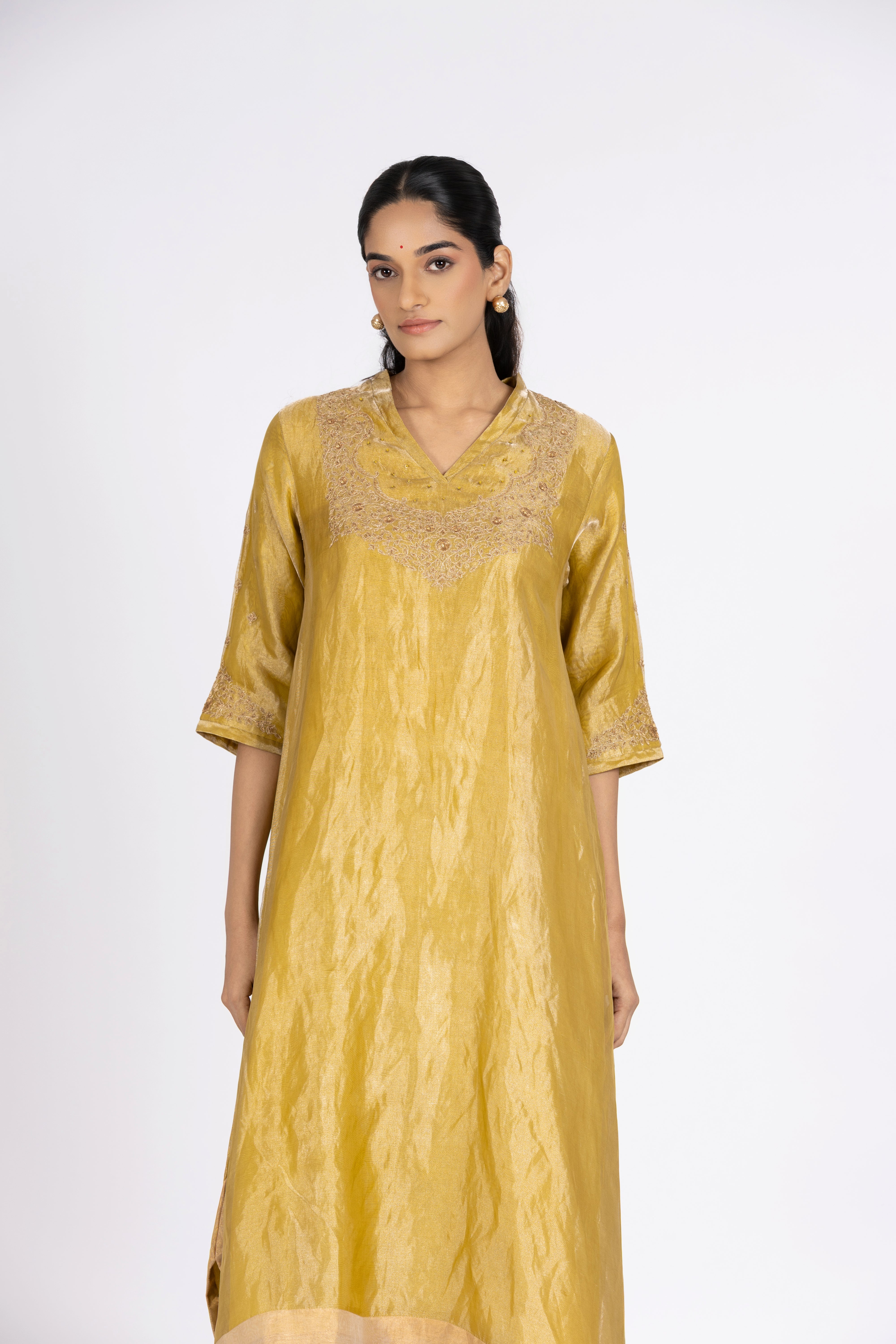 Green Tissue - V Neck - Kurta Set
