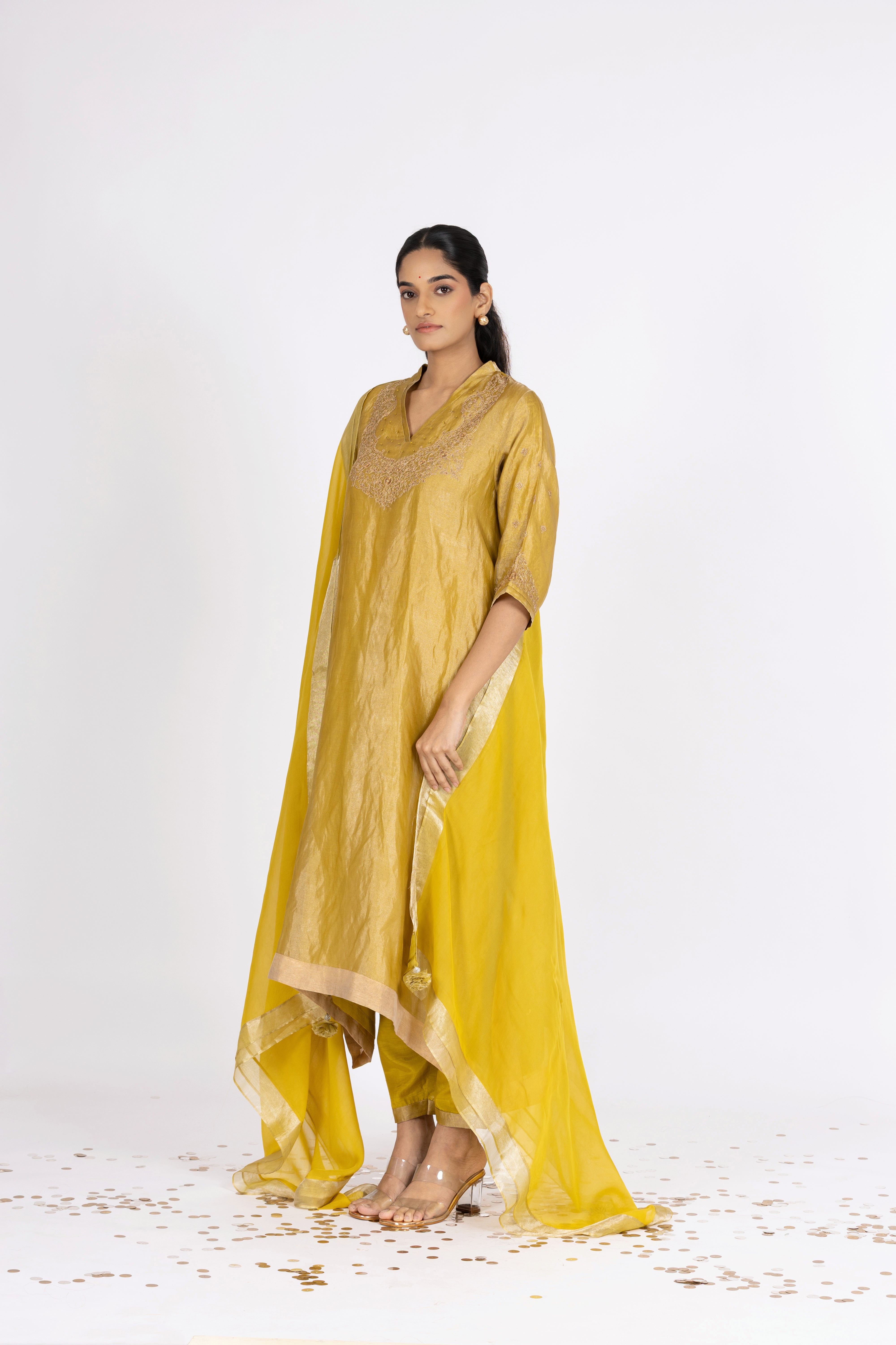 Green Tissue - V Neck - Kurta Set