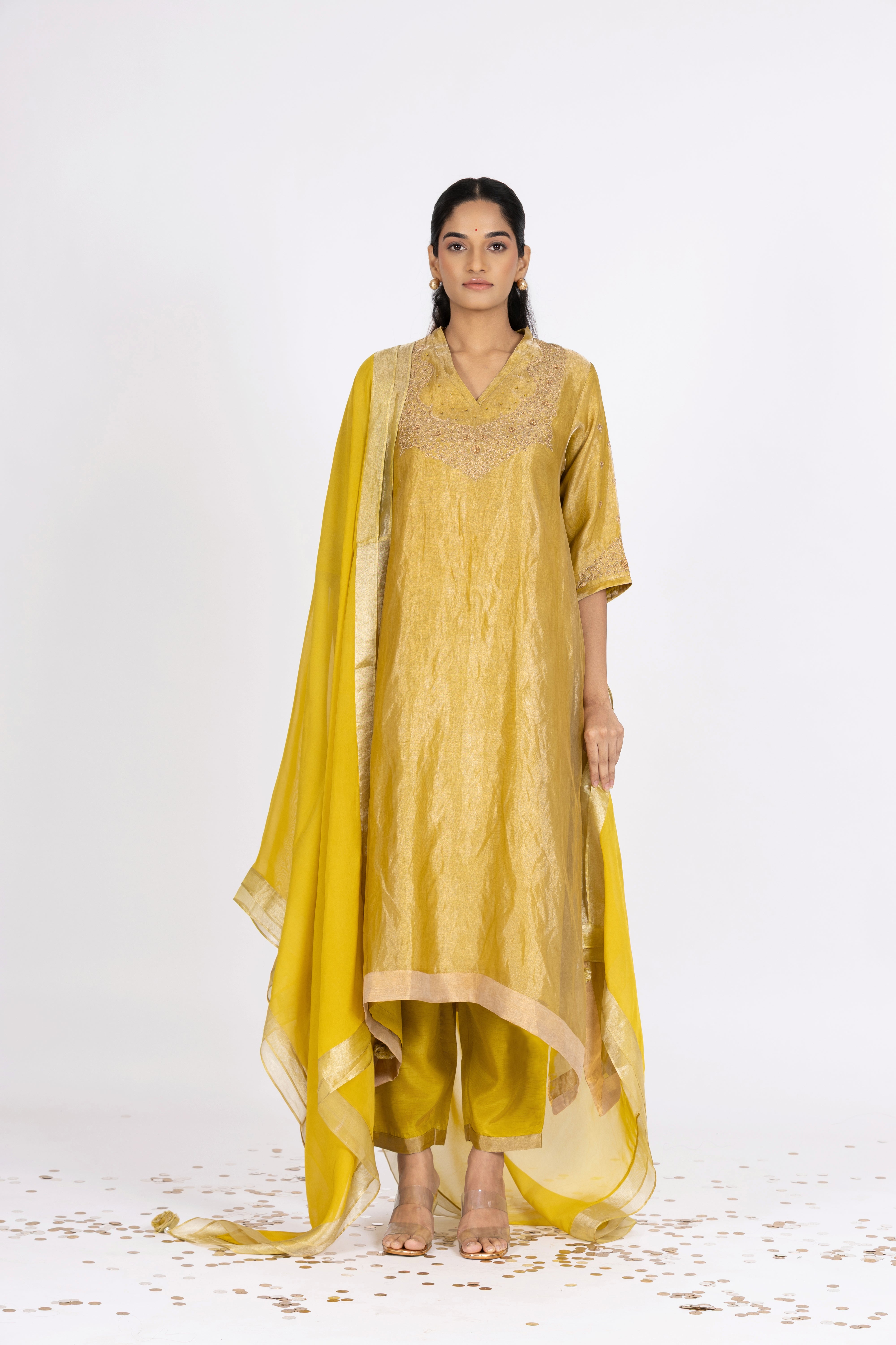 Green Tissue - V Neck - Kurta Set