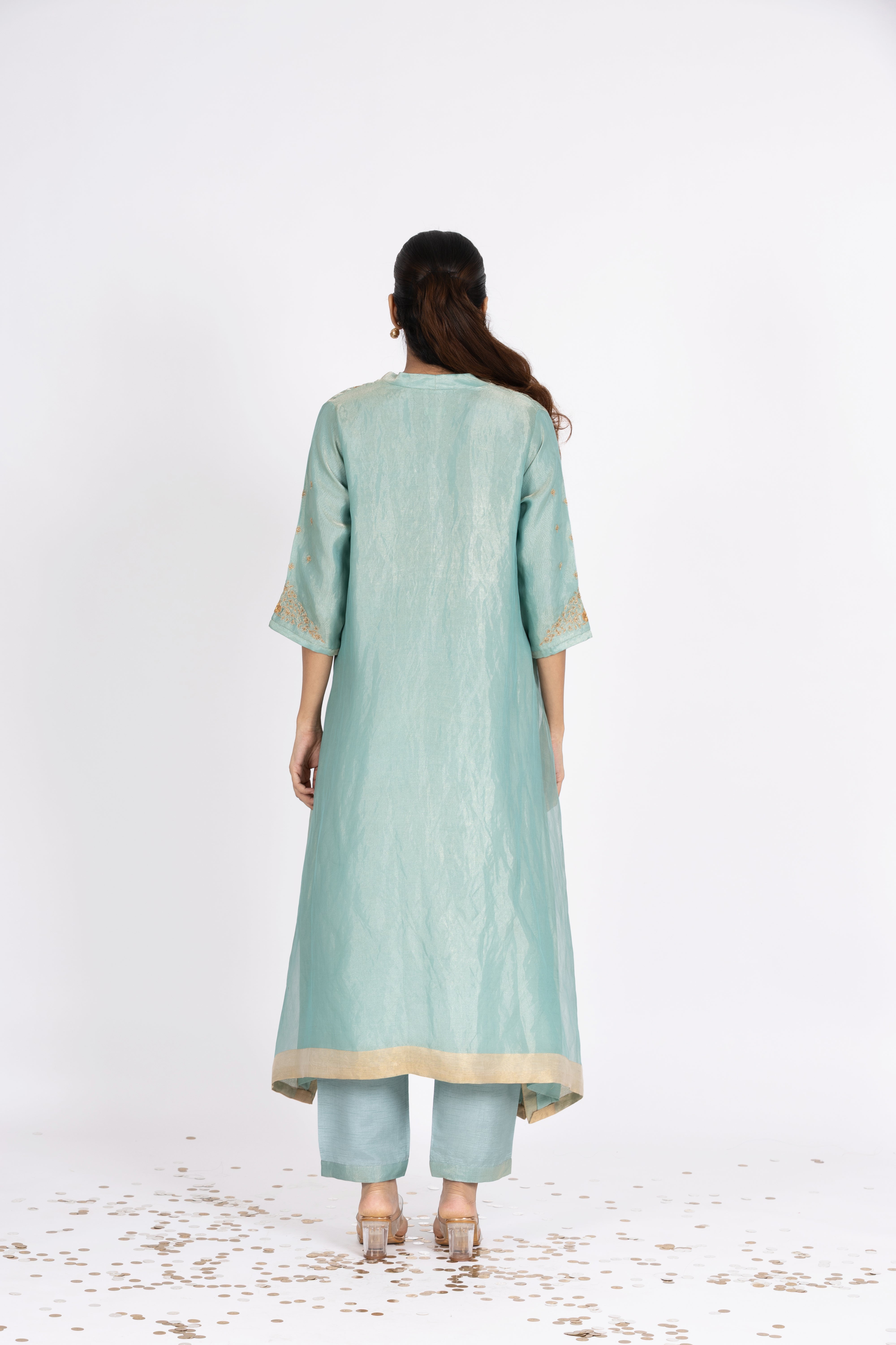 Blue Tissue - V Neck - Kurta Set