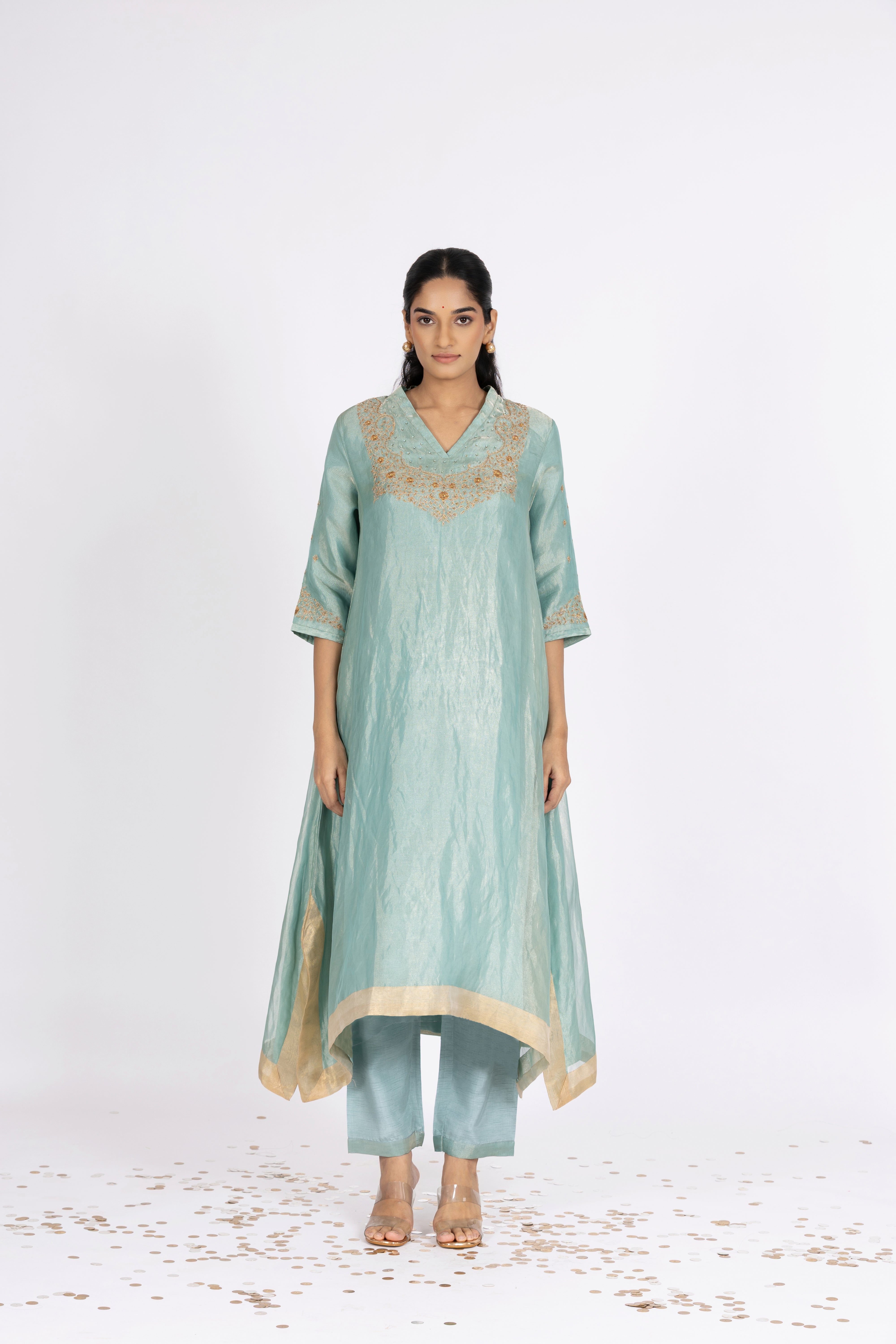 Blue Tissue - V Neck - Kurta Set
