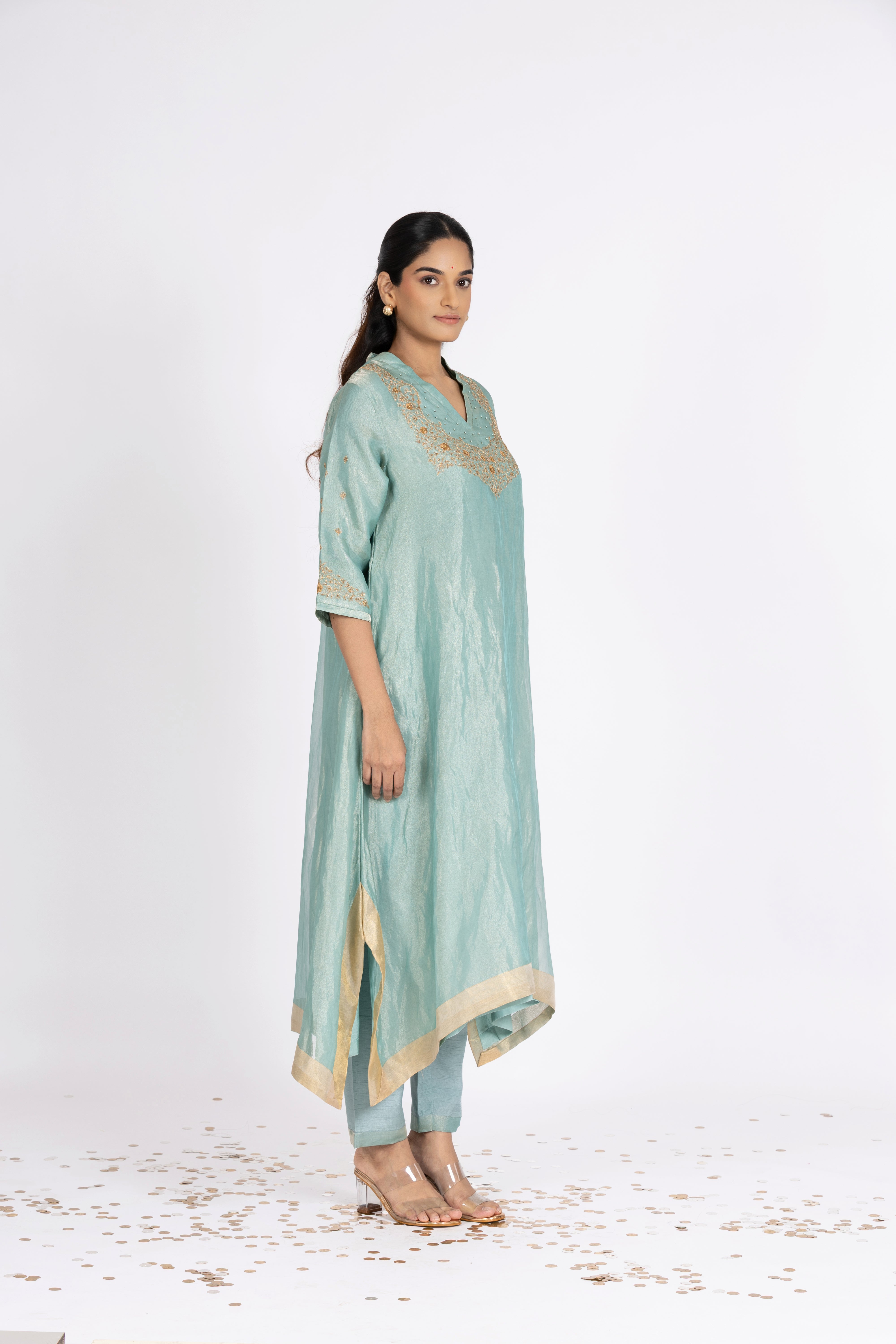 Blue Tissue - V Neck - Kurta Set