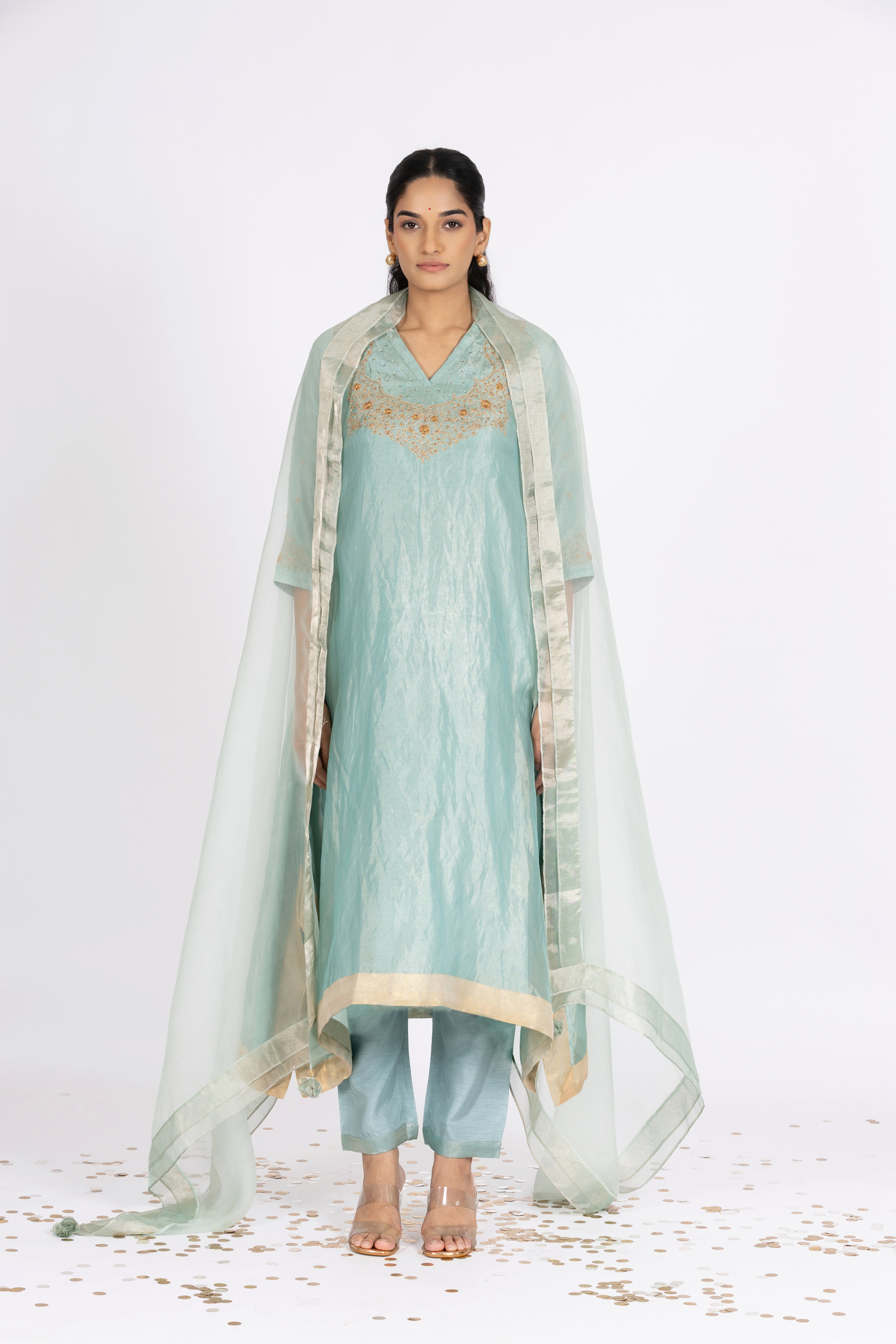 Blue Tissue - V Neck - Kurta Set