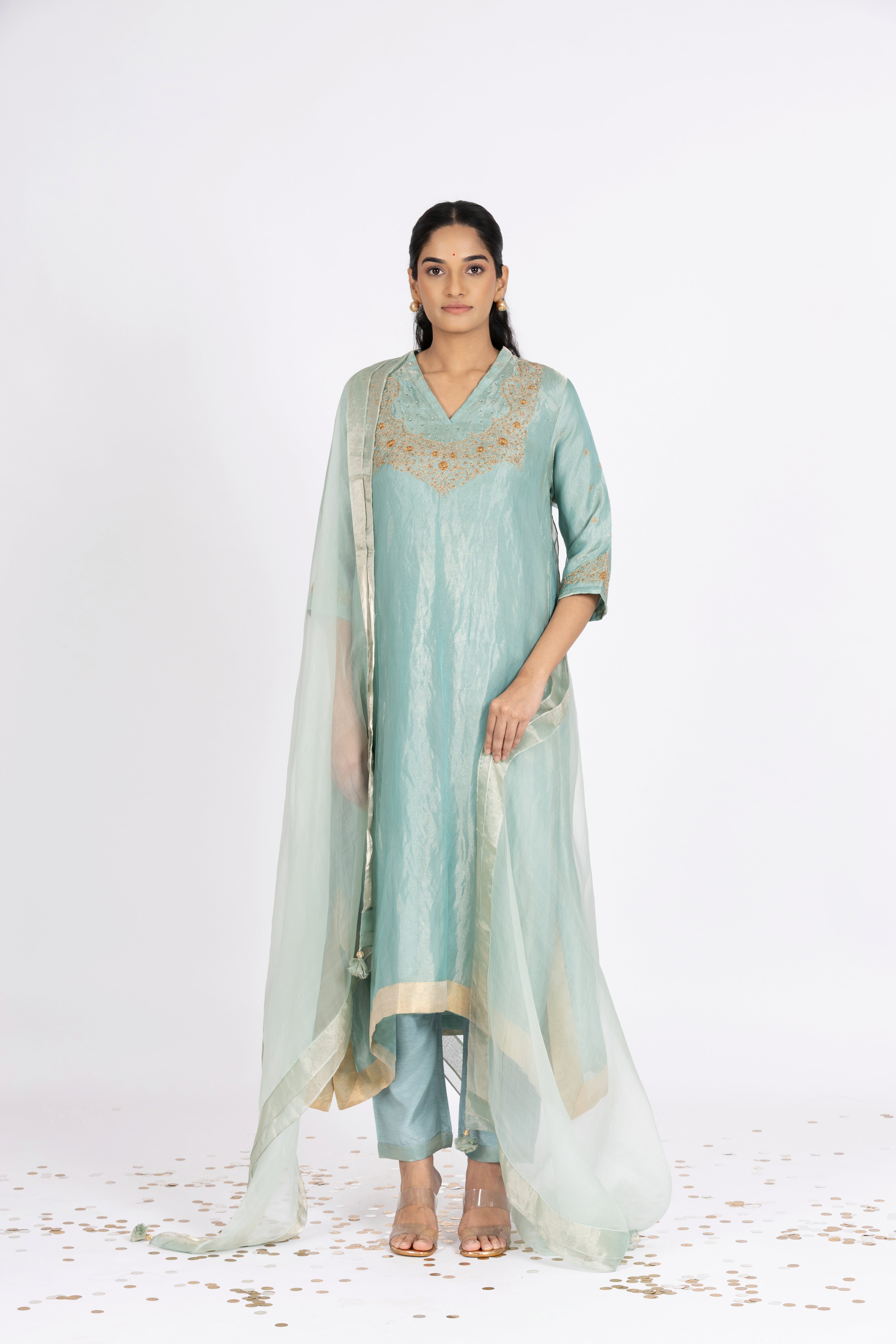 Blue Tissue - V Neck - Kurta Set