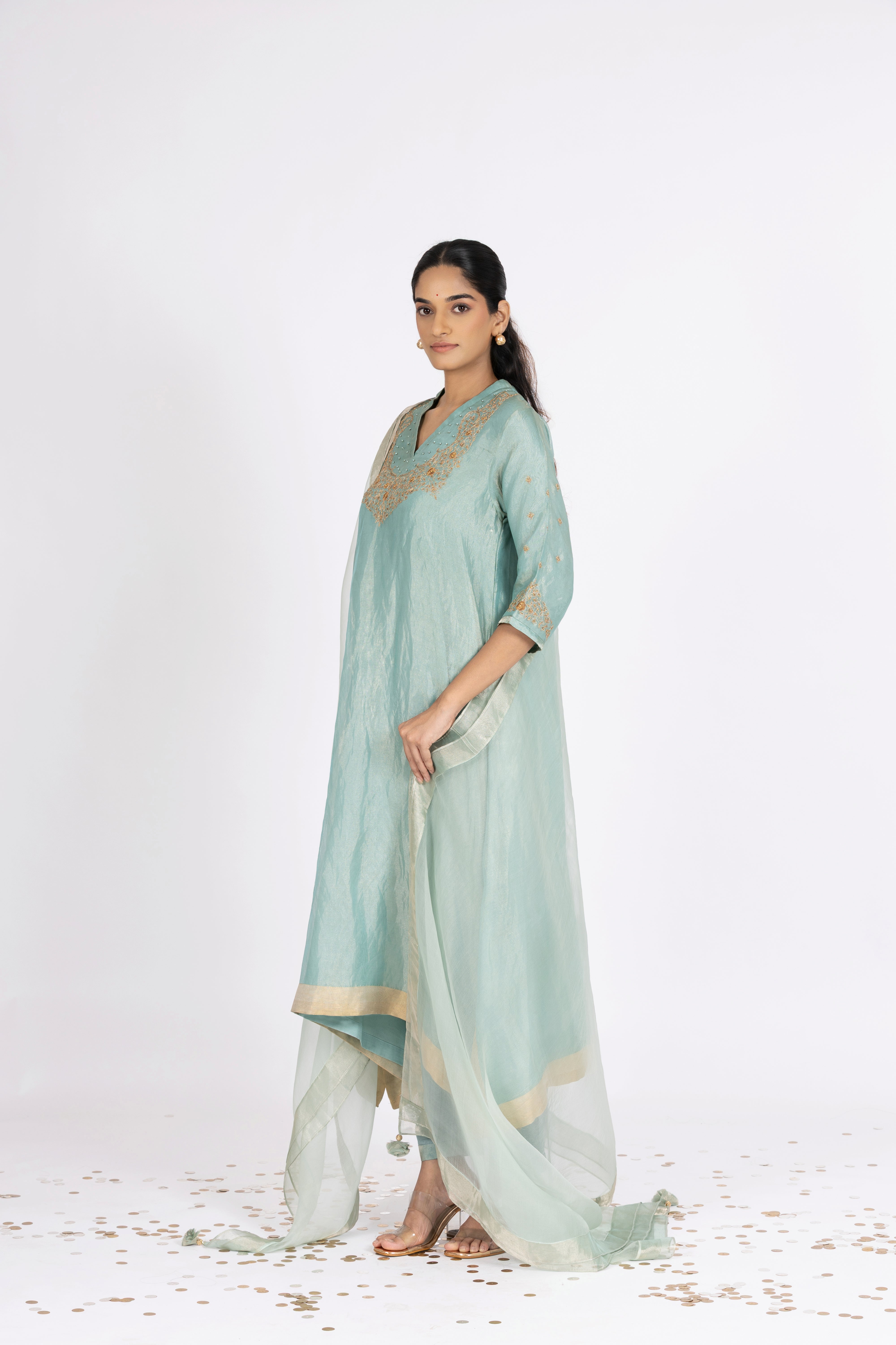 Blue Tissue - V Neck - Kurta Set