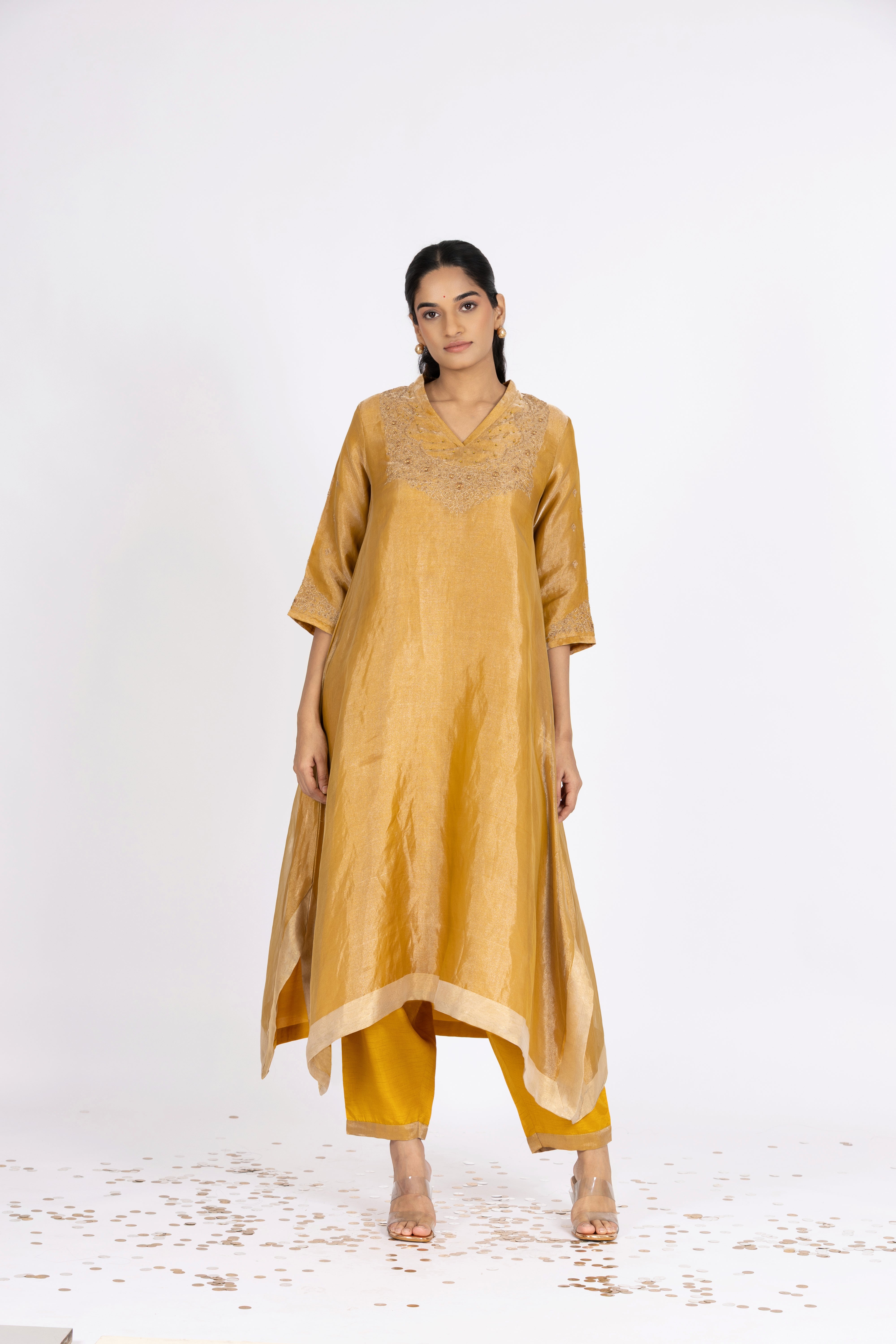 Yellow Tissue - V Neck - Kurta Set