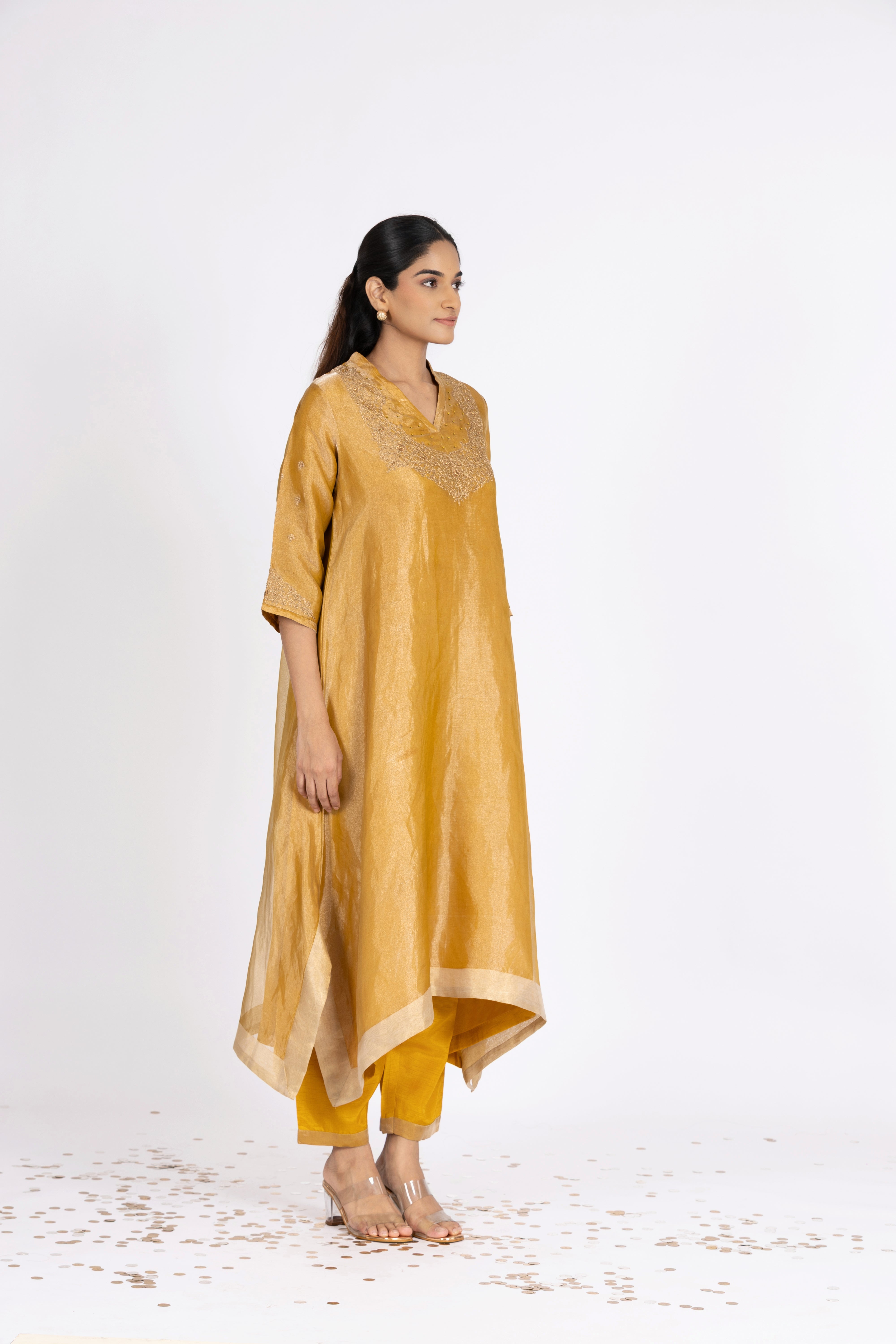 Yellow Tissue - V Neck - Kurta Set