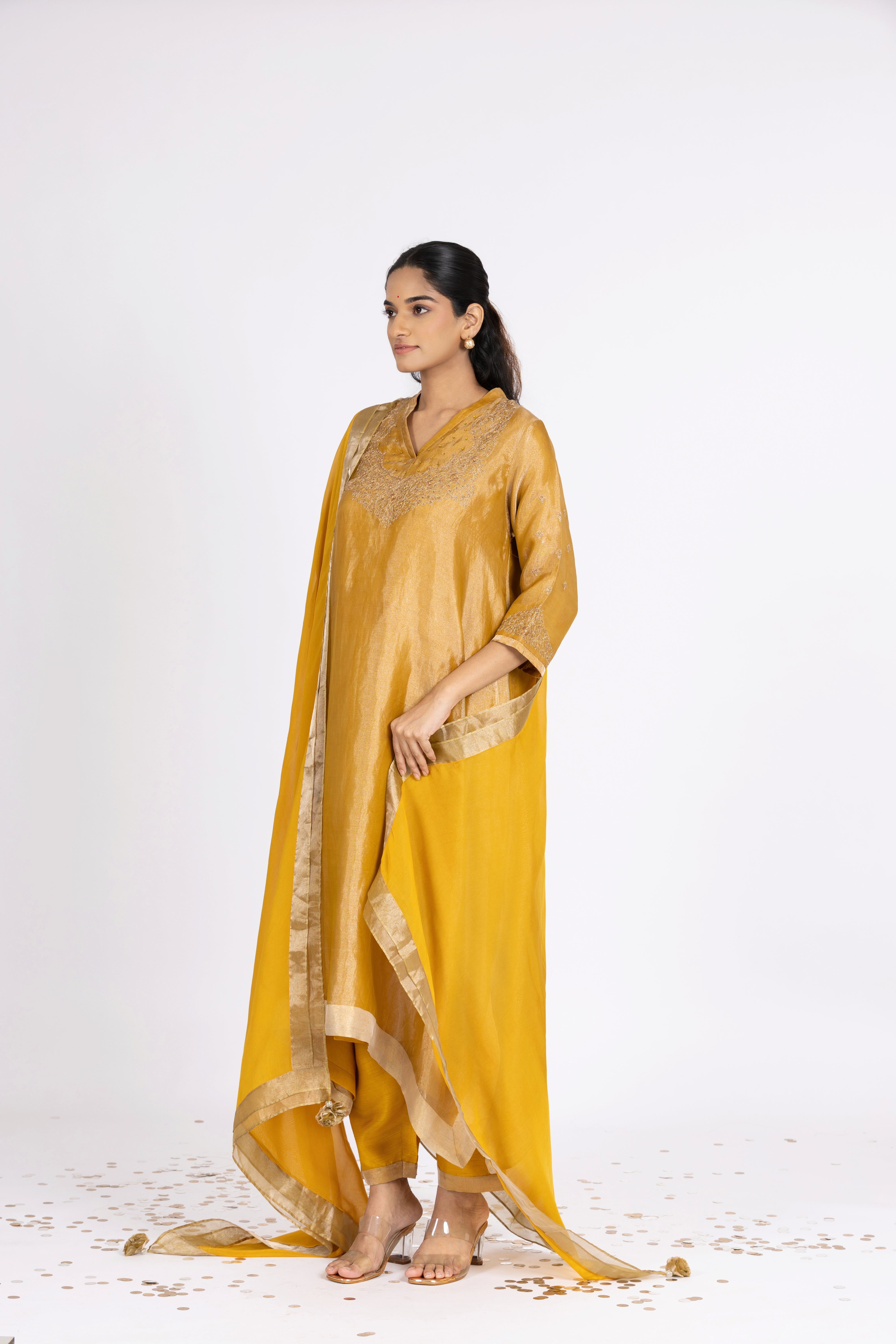 Yellow Tissue - V Neck - Kurta Set