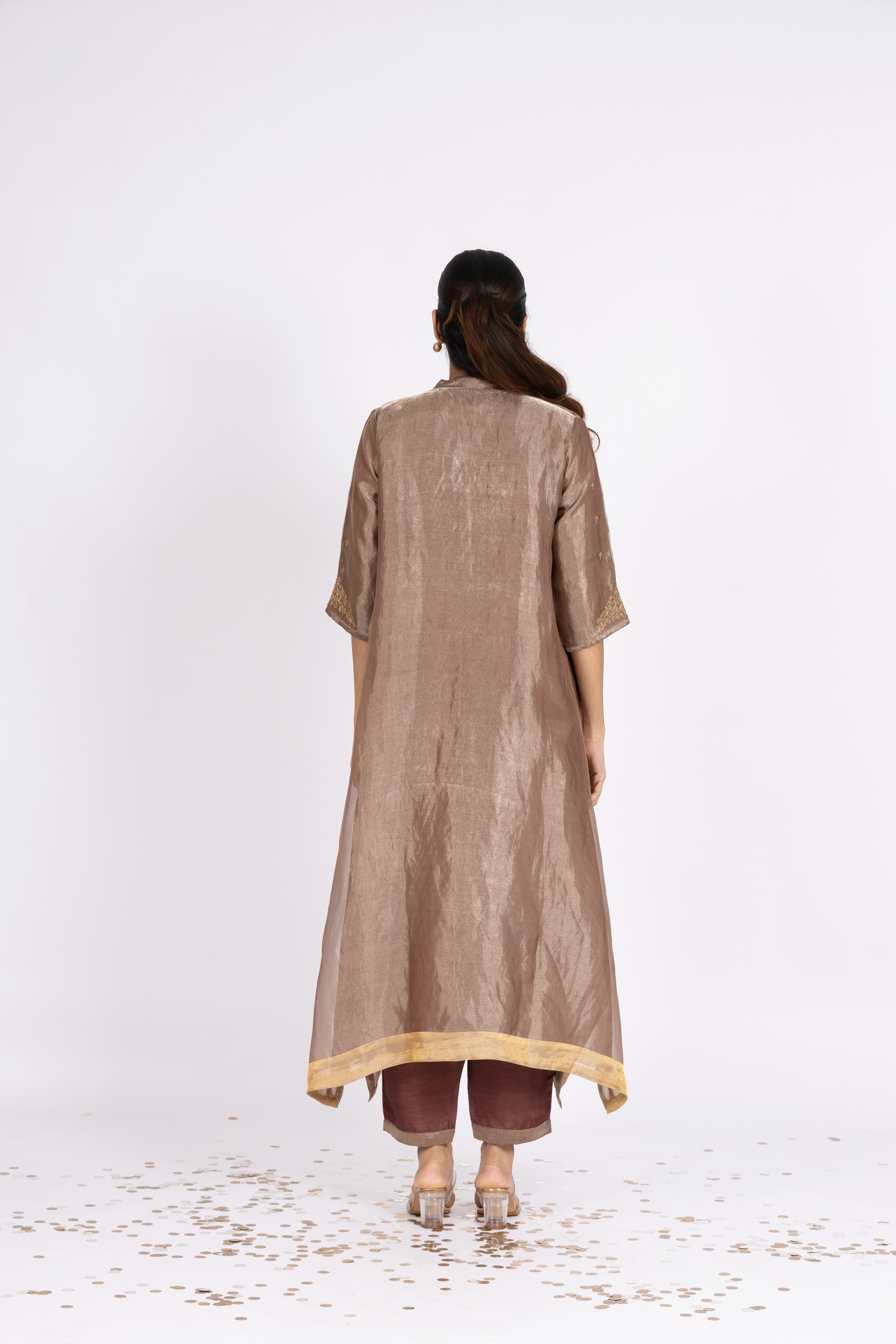 Brown Tissue - V Neck - Kurta Set