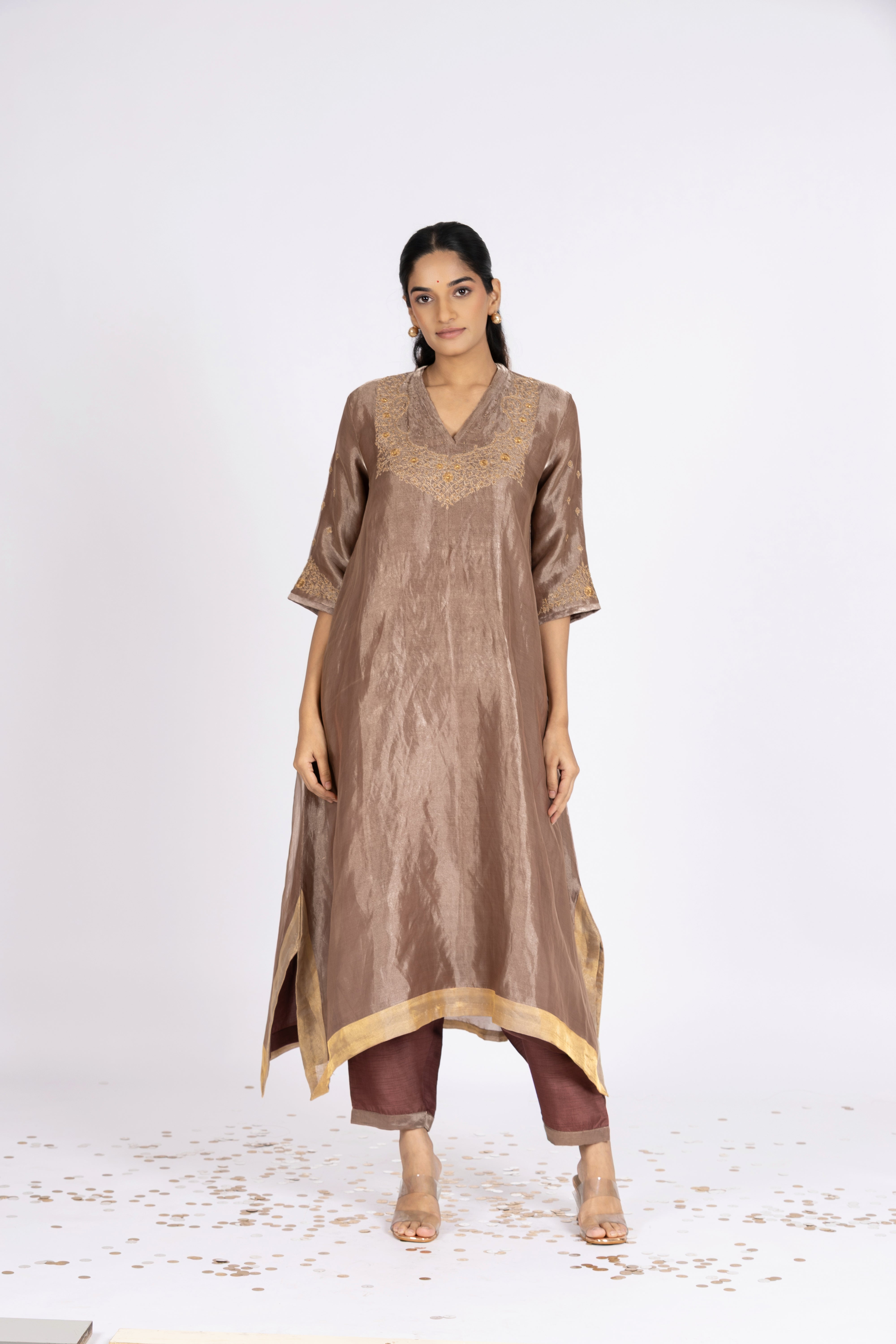 Brown Tissue - V Neck - Kurta Set