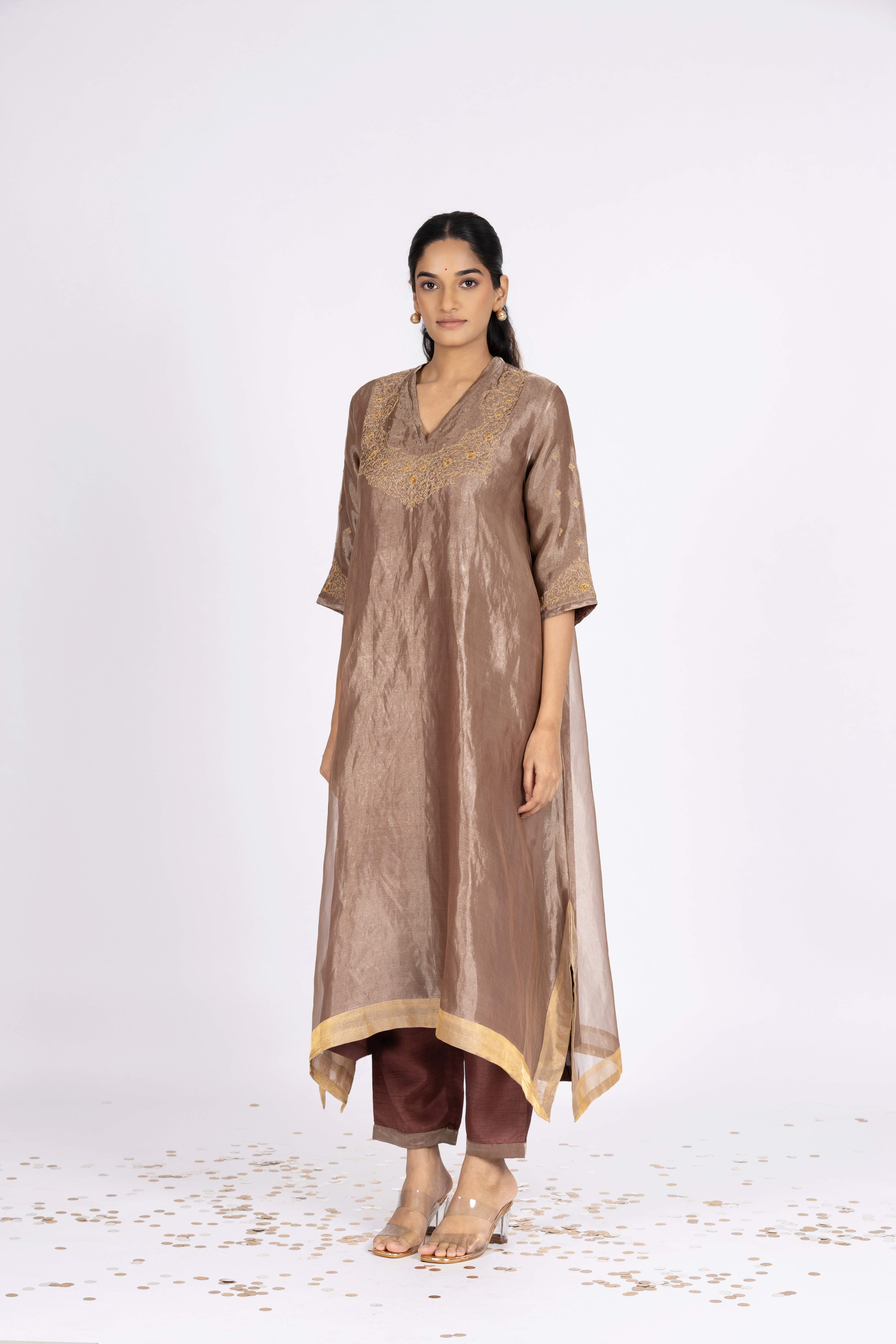 Brown Tissue - V Neck - Kurta Set