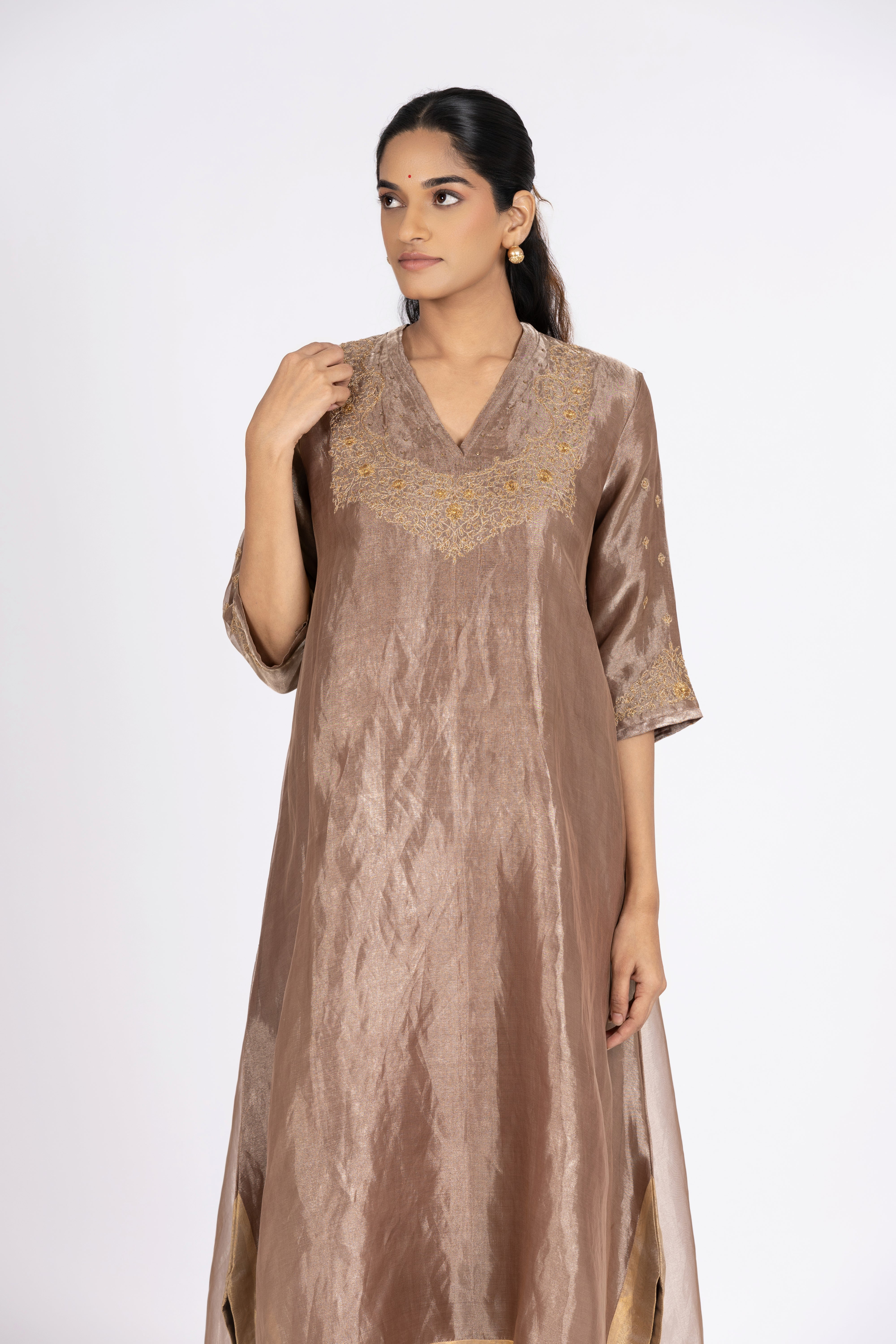 Brown Tissue - V Neck - Kurta Set