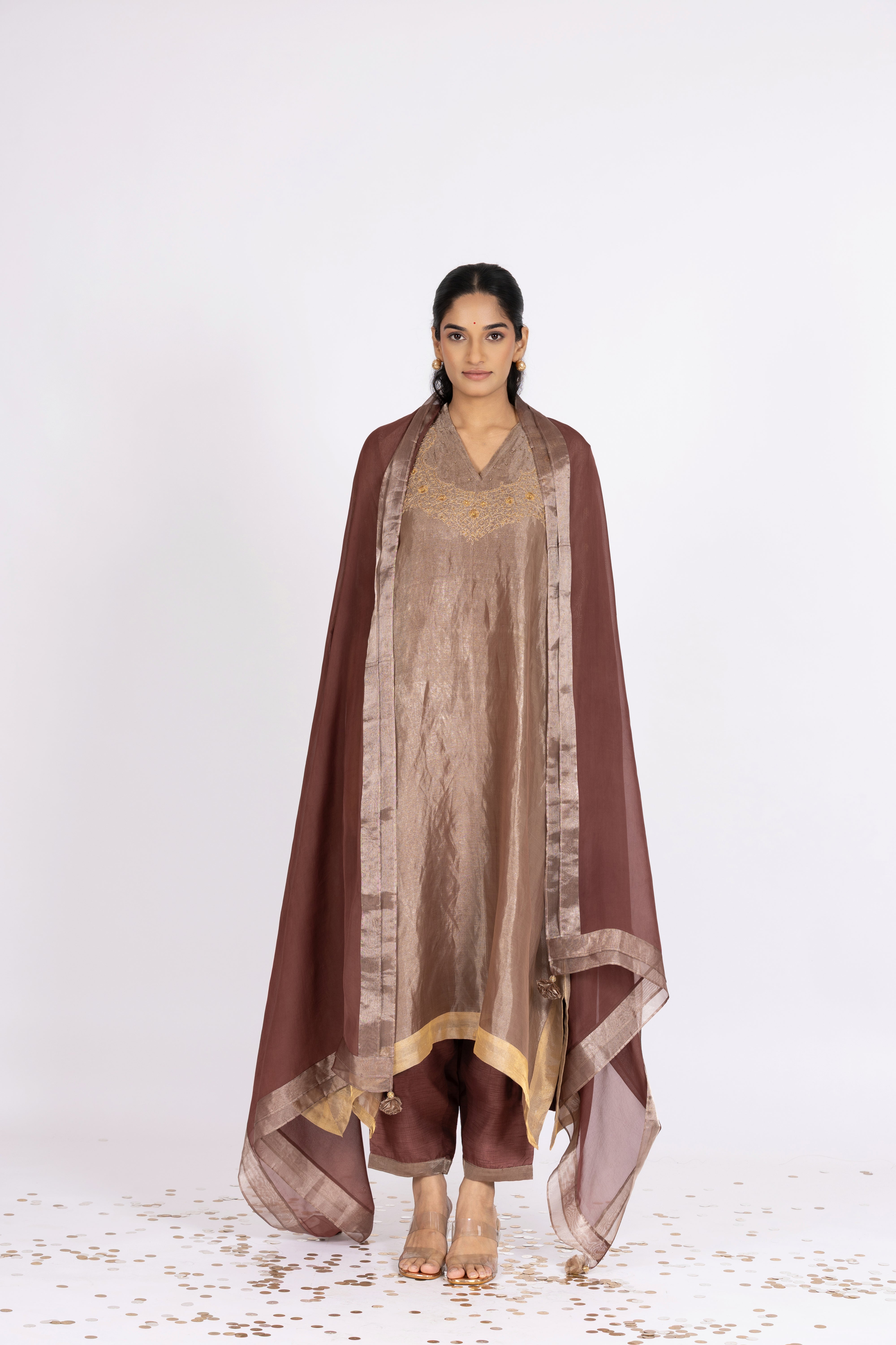 Brown Tissue - V Neck - Kurta Set