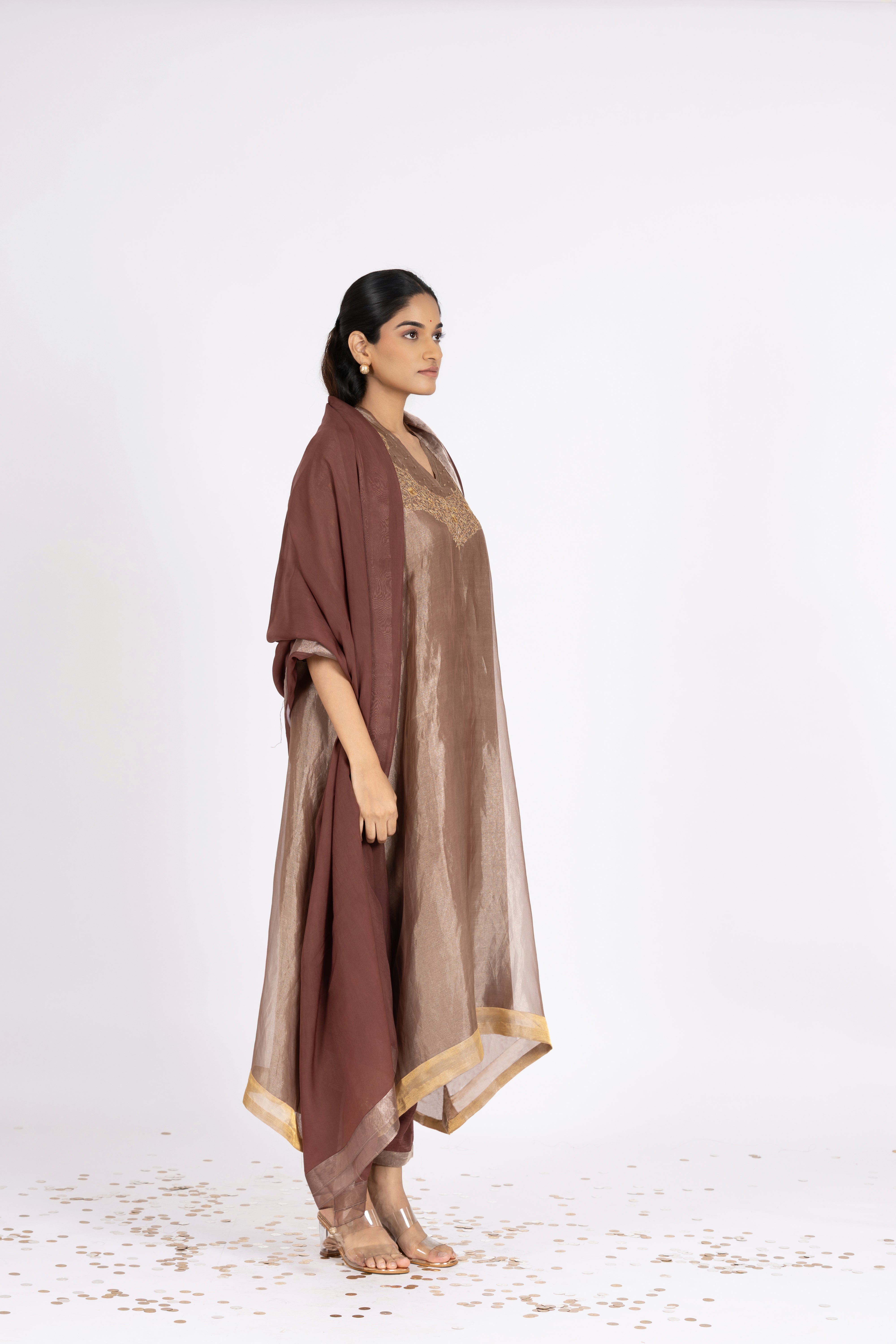 Brown Tissue - V Neck - Kurta Set