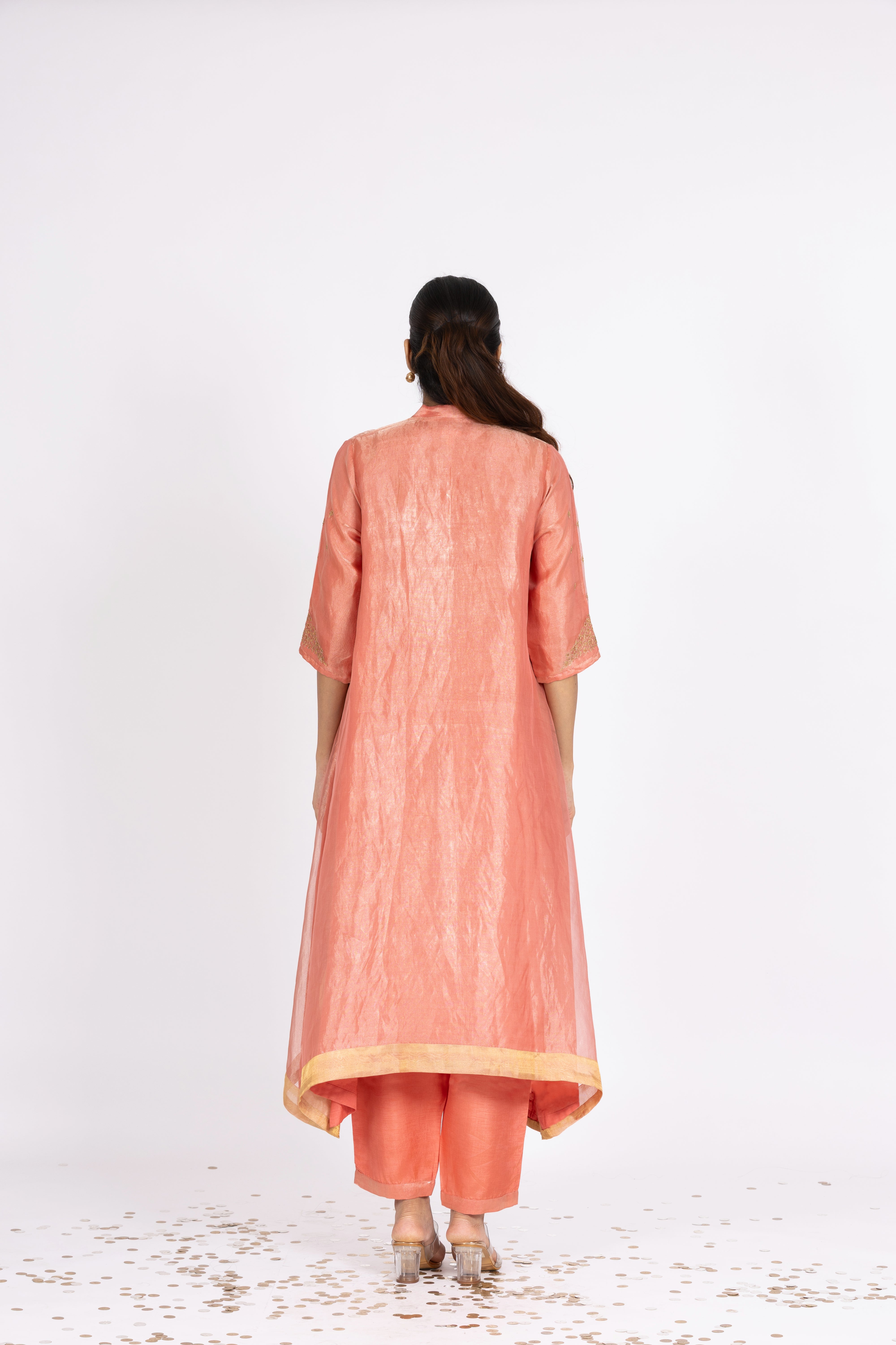 Brick Pink Tissue - V Neck - Kurta Set