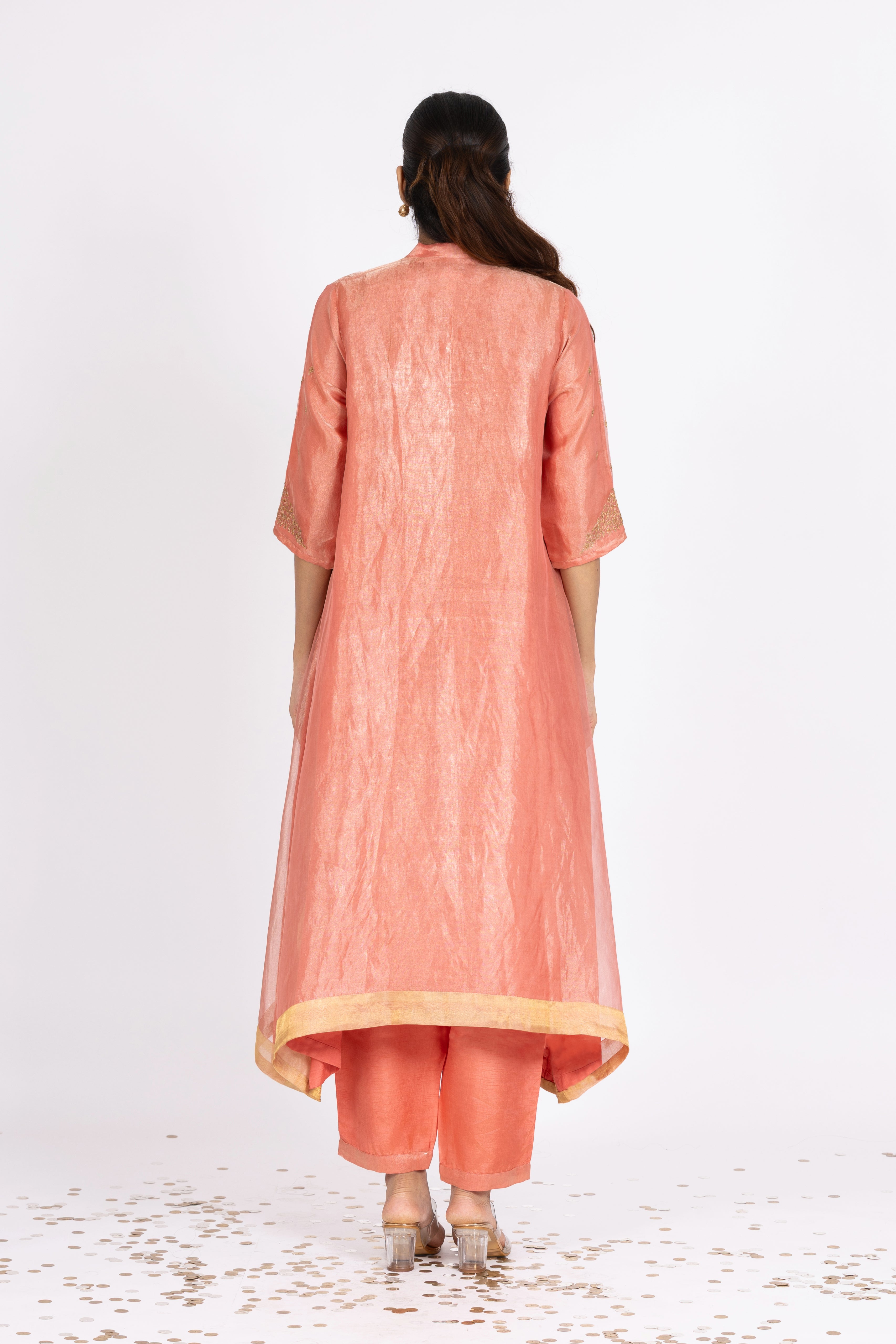 Brick Pink Tissue - V Neck - Kurta Set