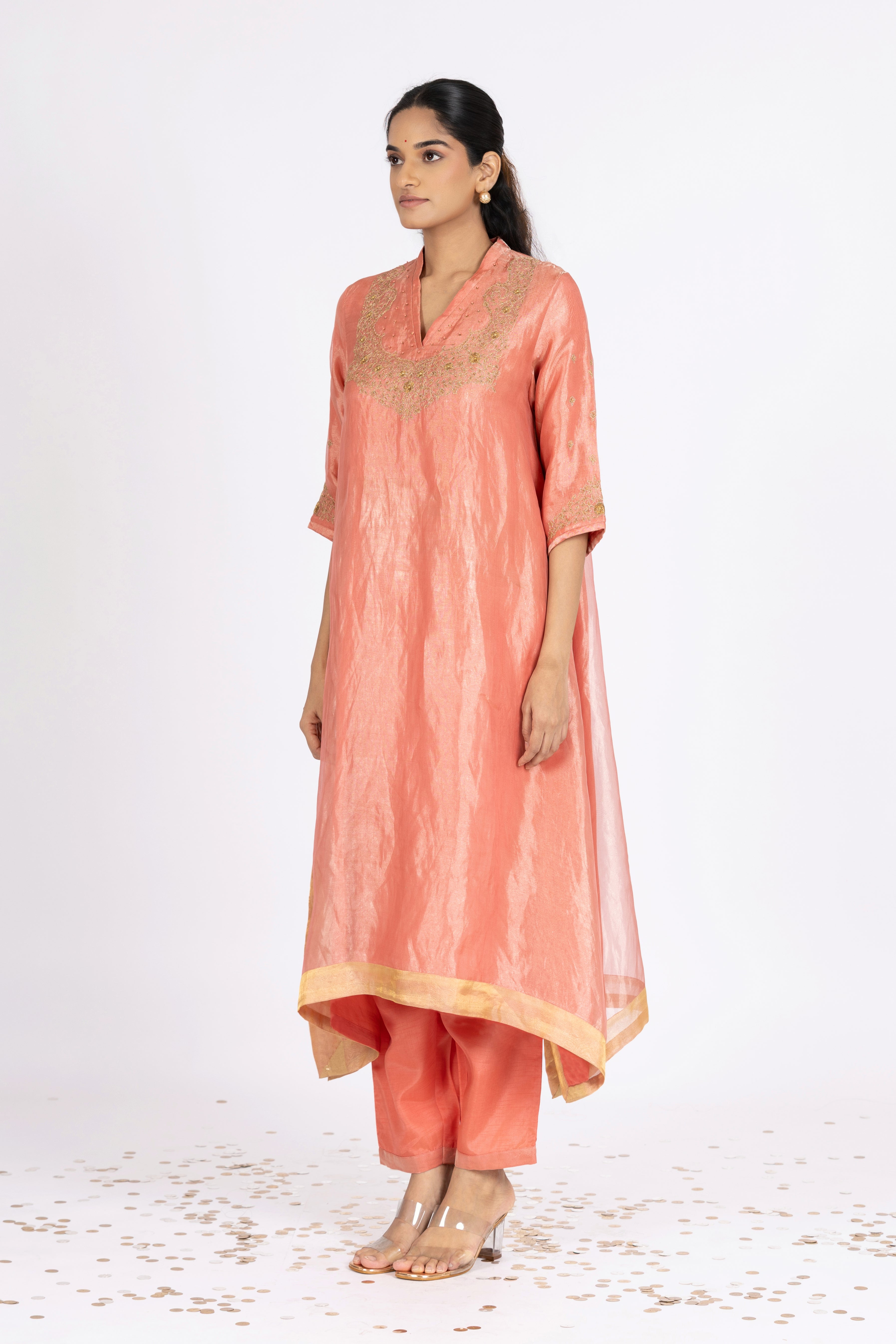 Brick Pink Tissue - V Neck - Kurta Set