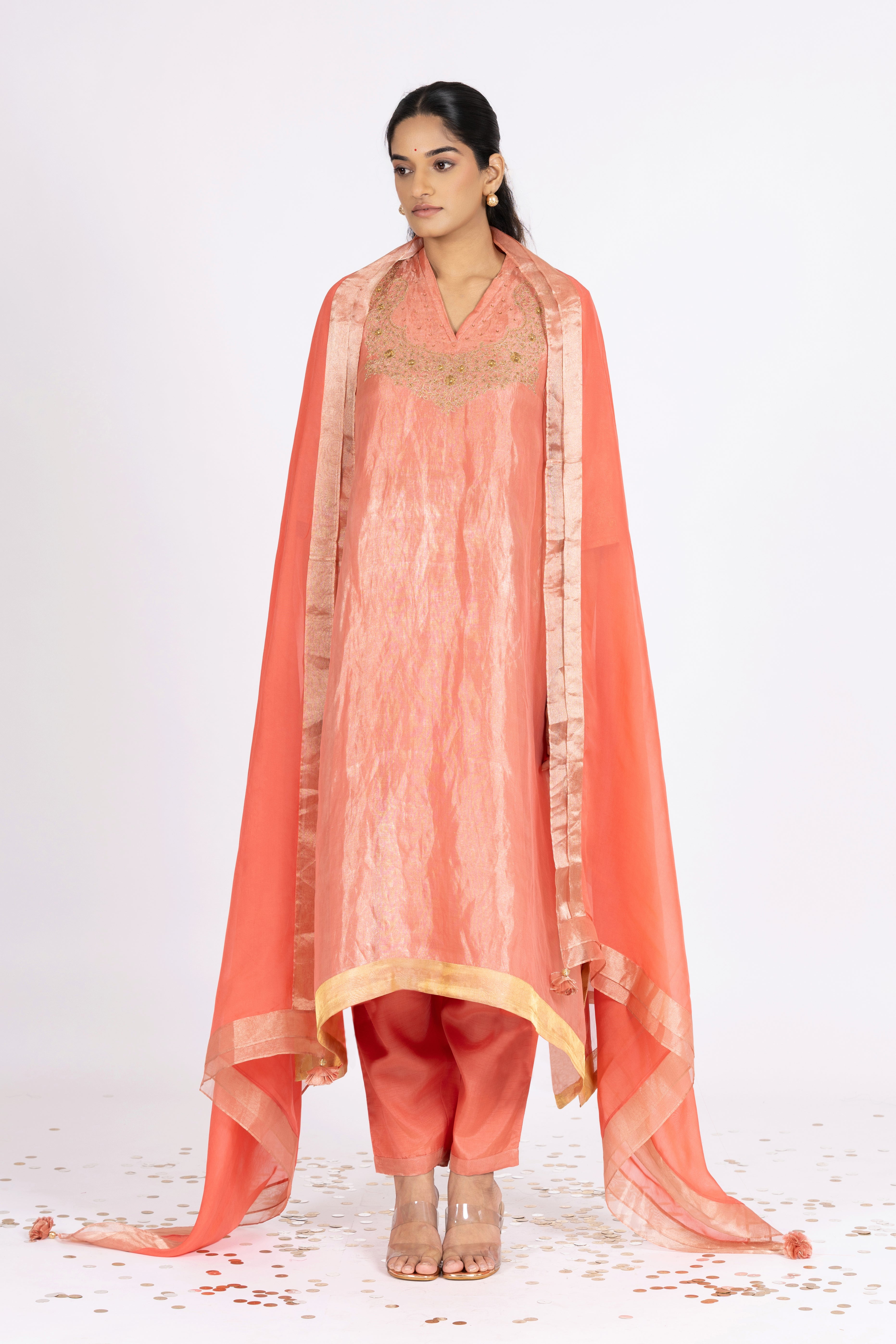 Brick Pink Tissue - V Neck - Kurta Set