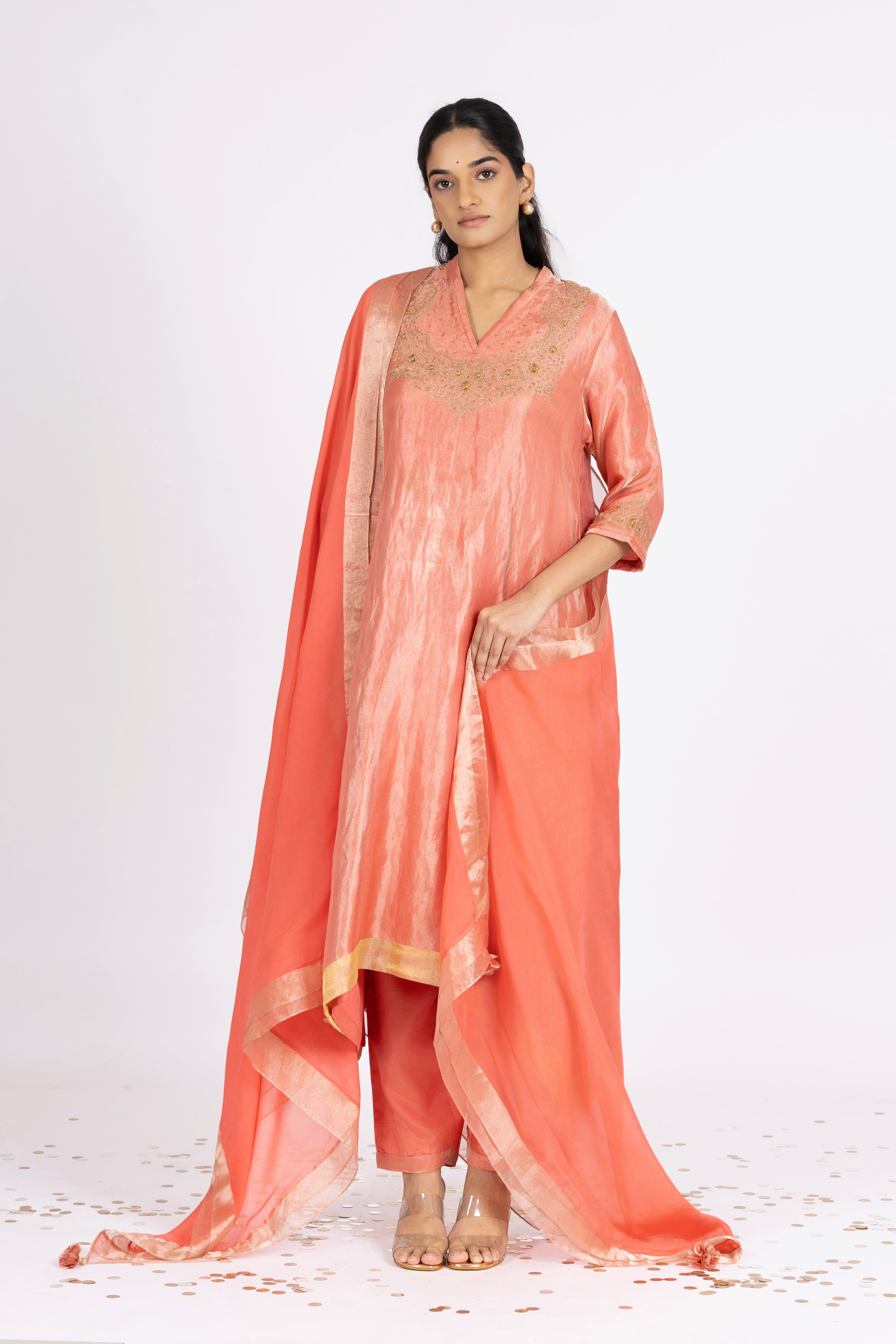 Brick Pink Tissue - V Neck - Kurta Set