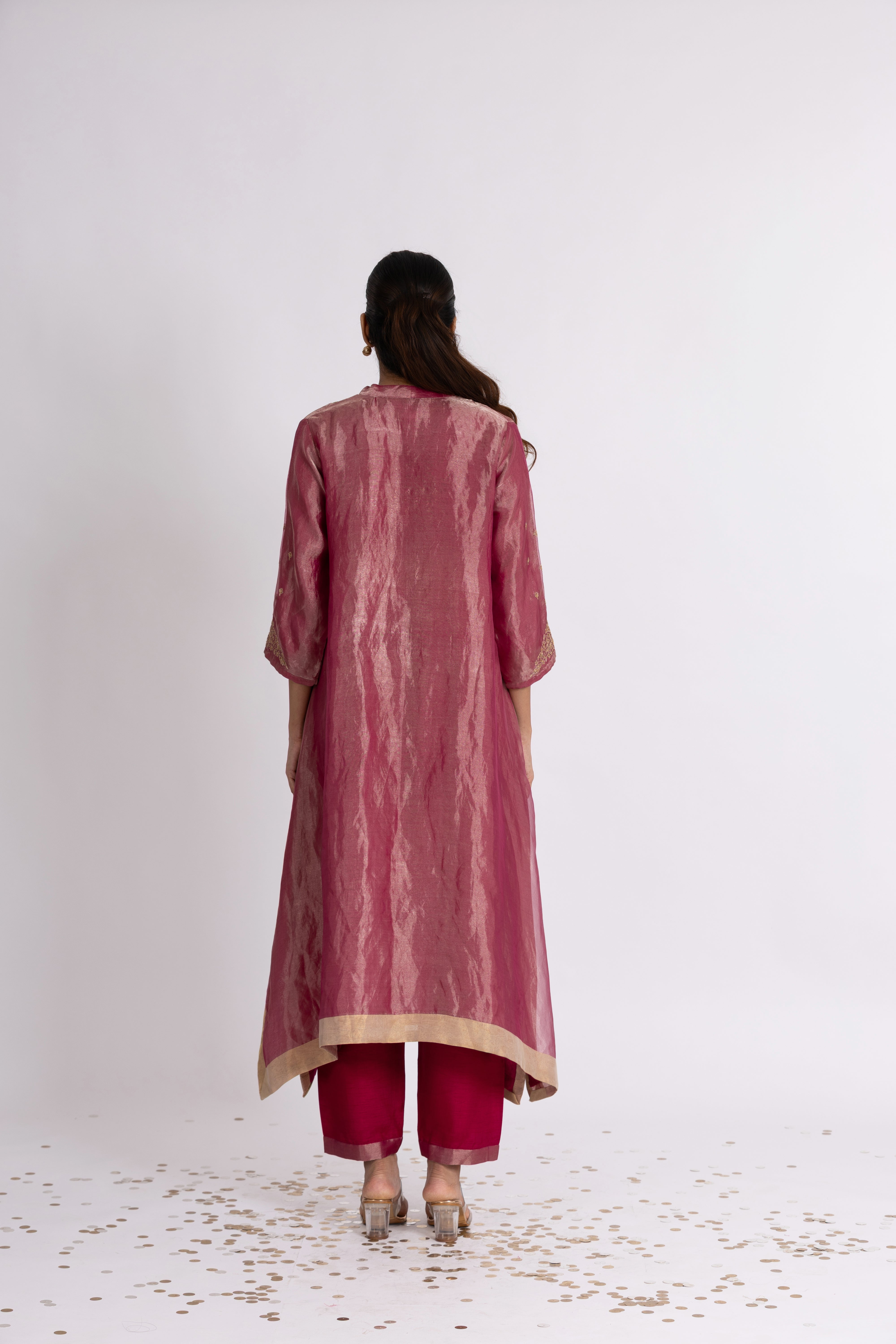 Fuchsia Tissue - V Neck - Kurta Set