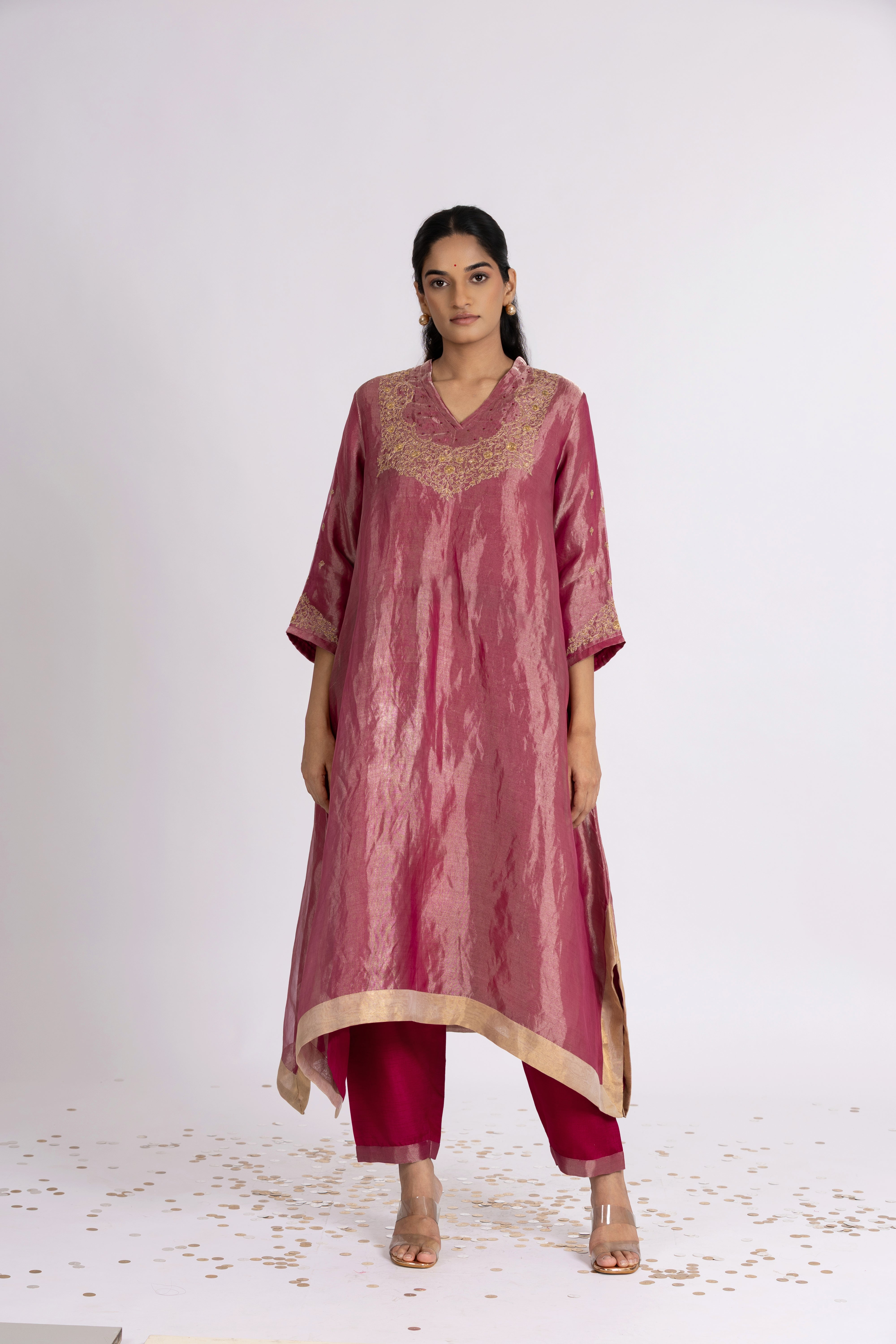 Fuchsia Tissue - V Neck - Kurta Set