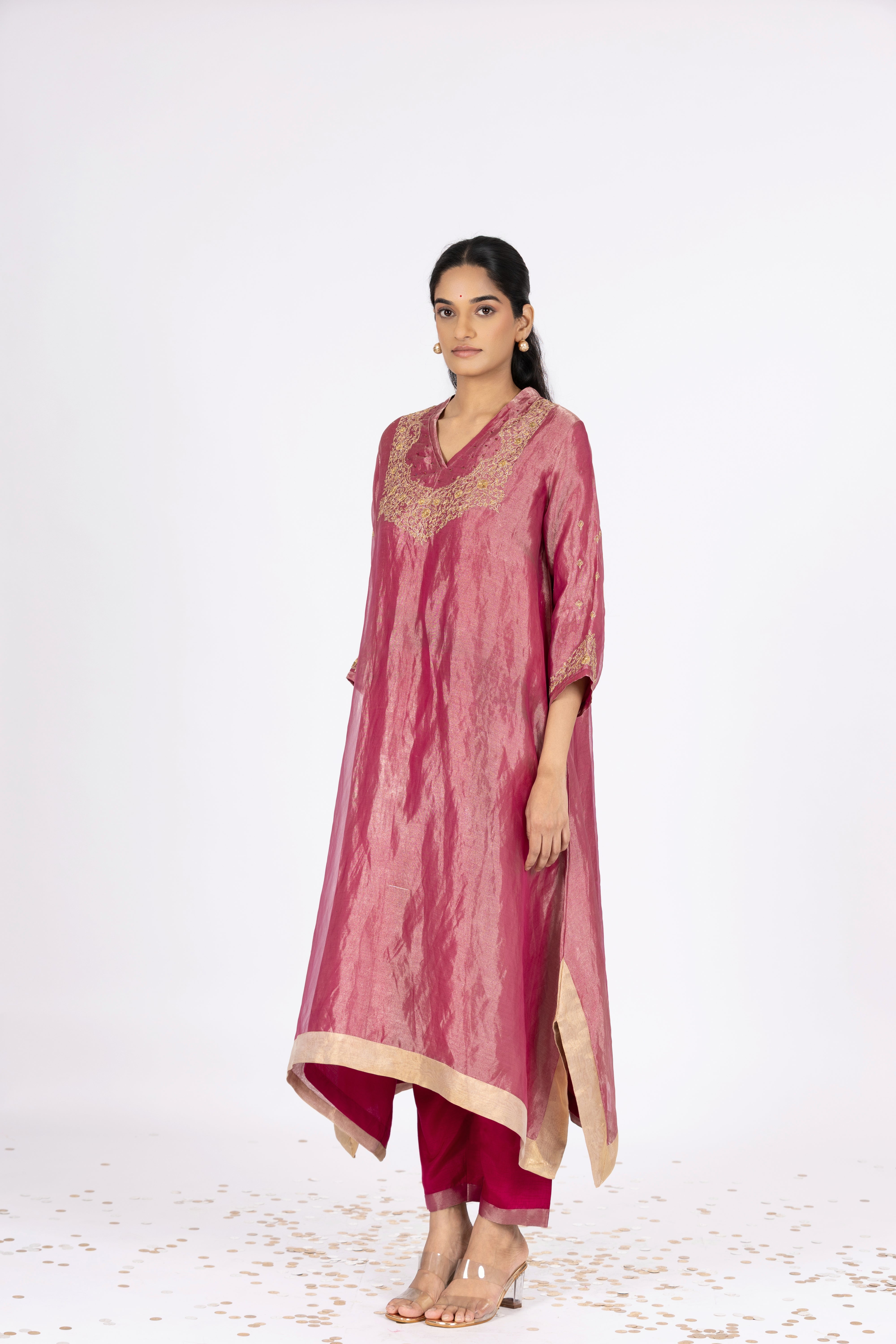 Fuchsia Tissue - V Neck - Kurta Set