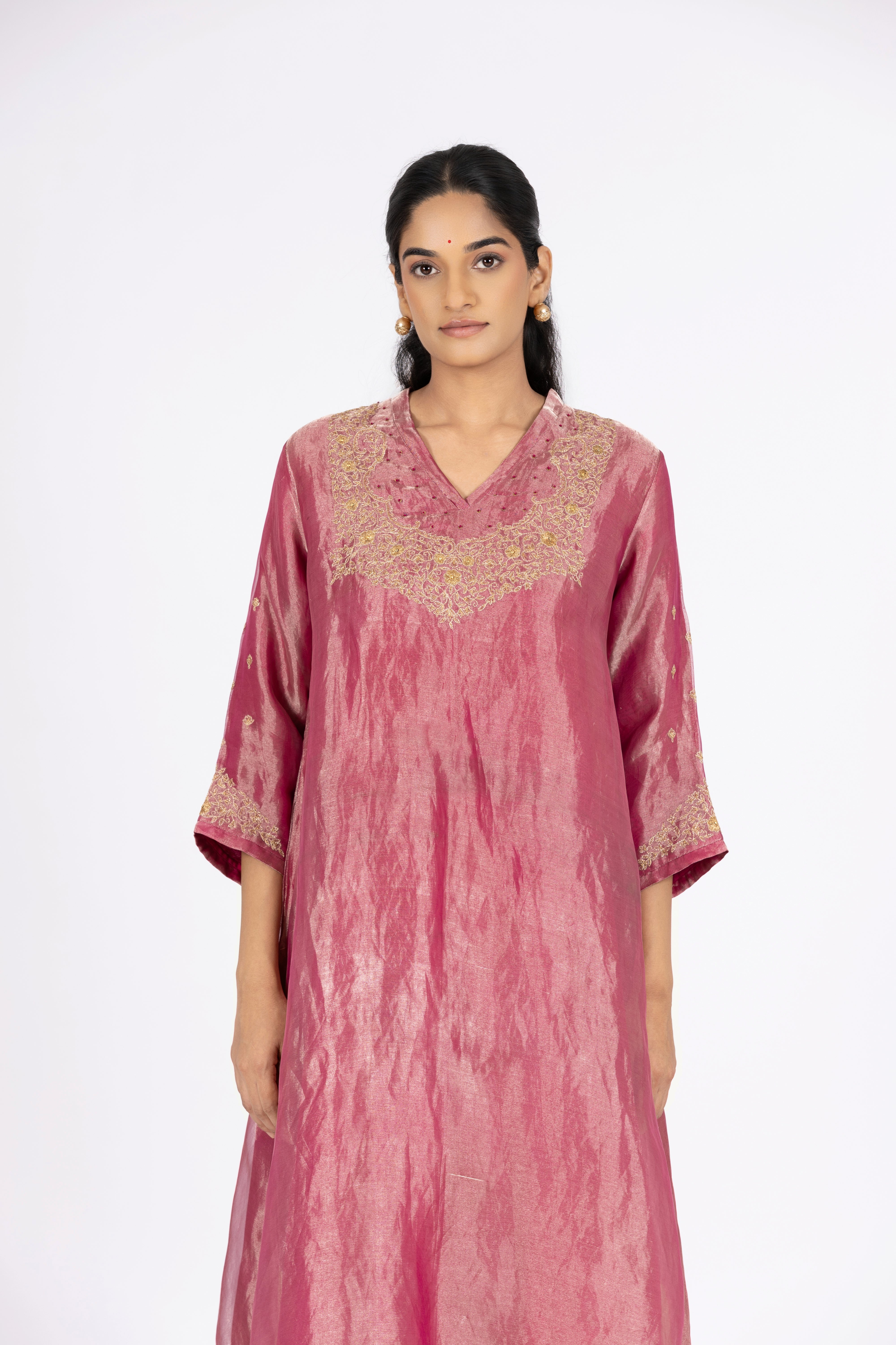 Fuchsia Tissue - V Neck - Kurta Set