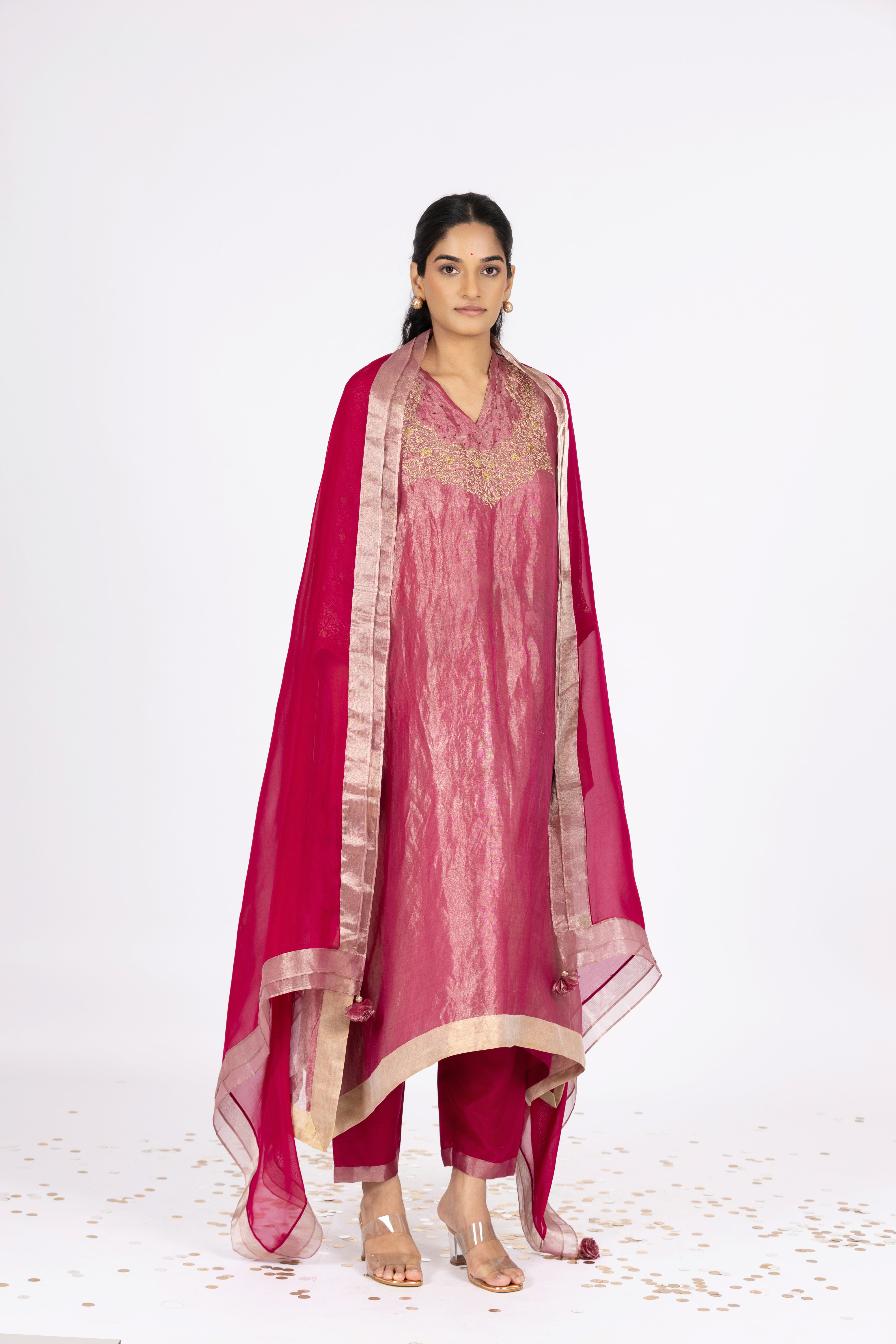 Fuchsia Tissue - V Neck - Kurta Set