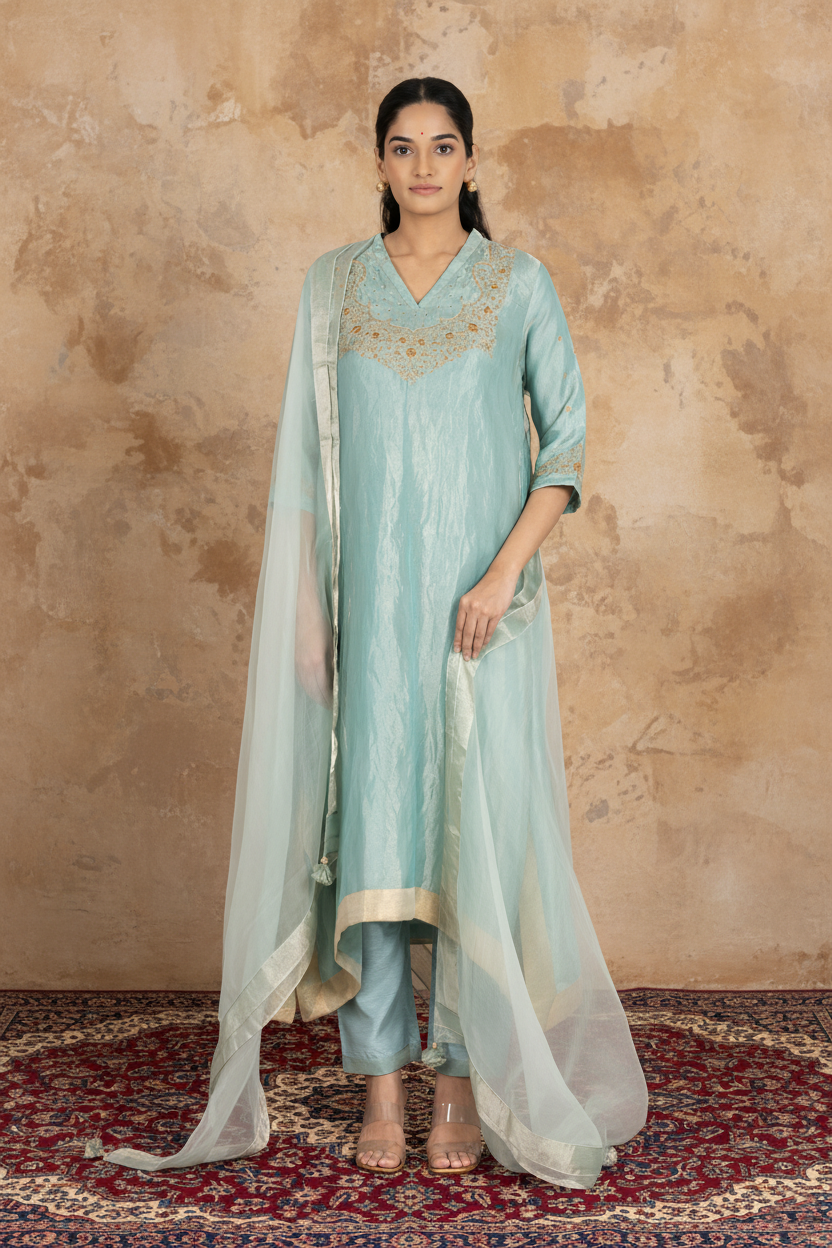 Blue Tissue - V Neck - Kurta Set