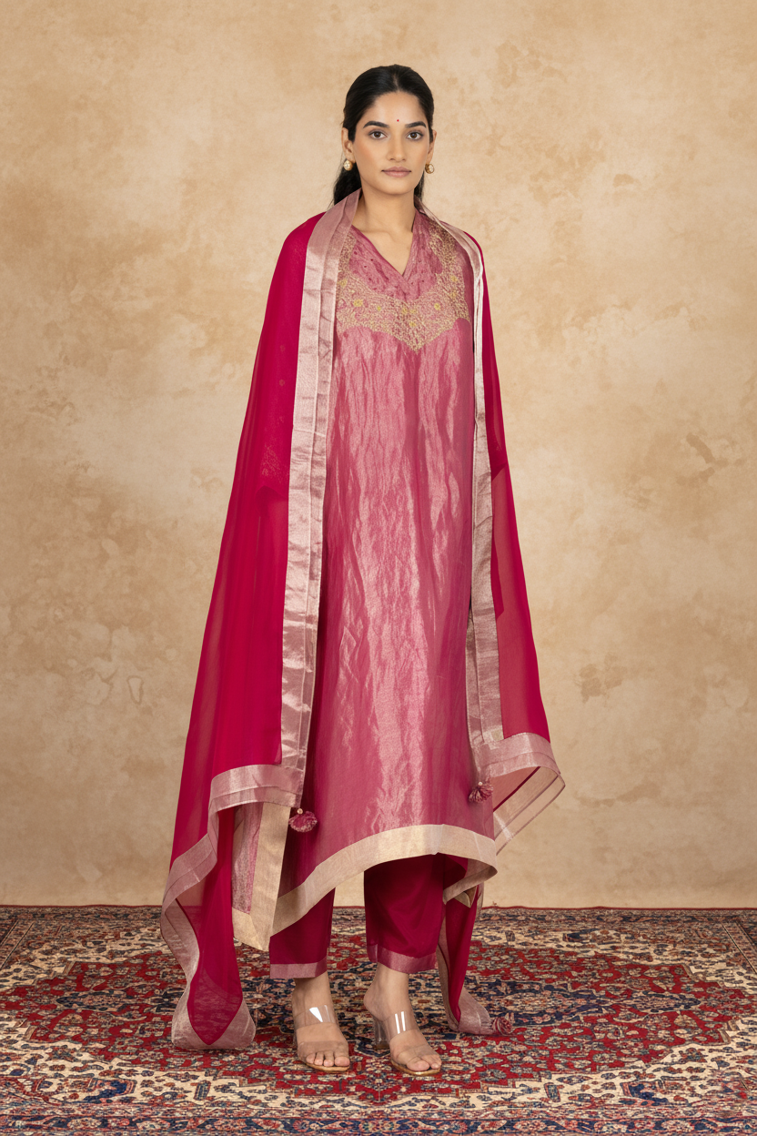 Fuchsia Tissue - V Neck - Kurta Set
