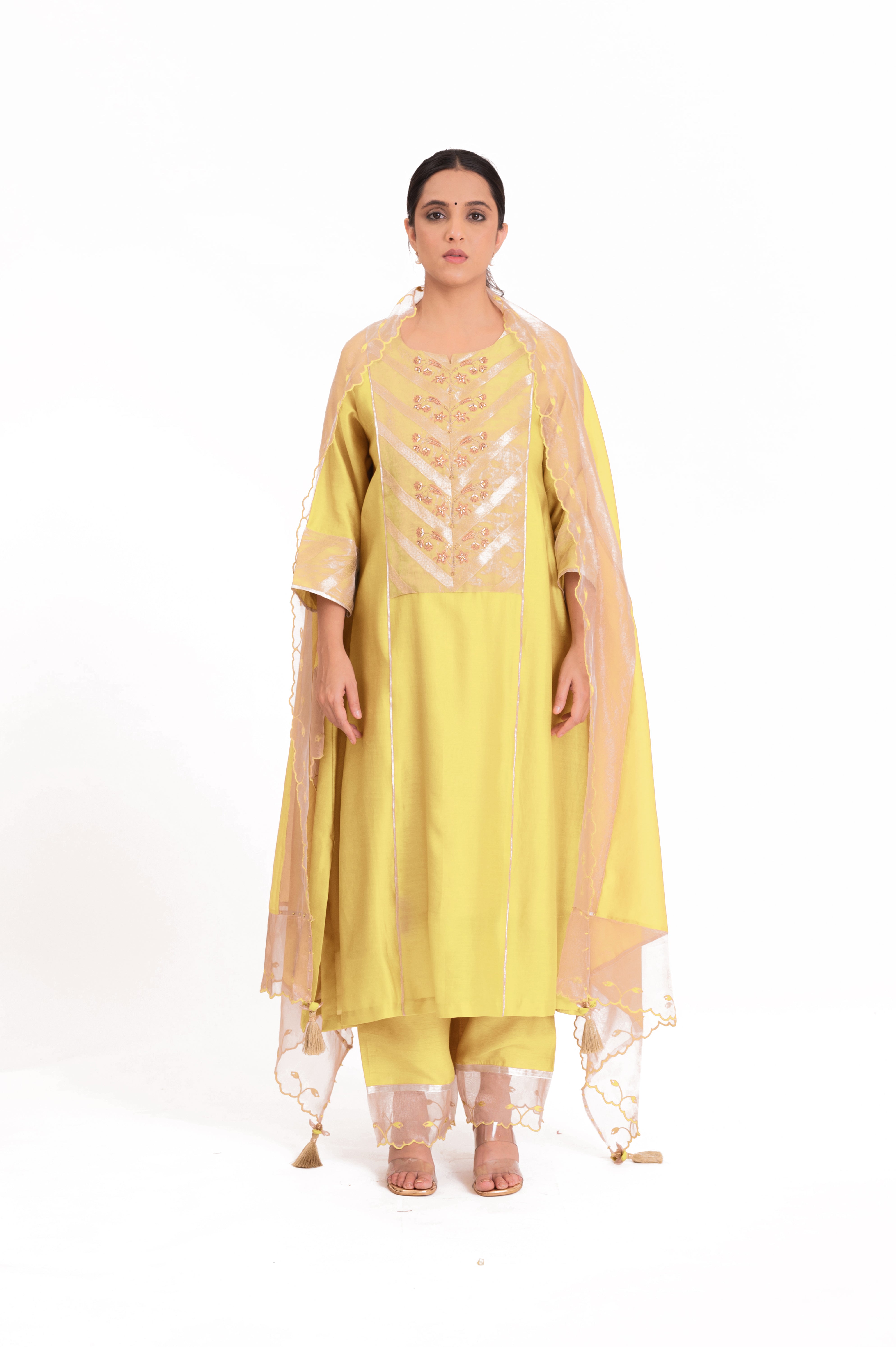 Festive LILA - Pastel Yellow - Banarasi Yoke Kurta Set