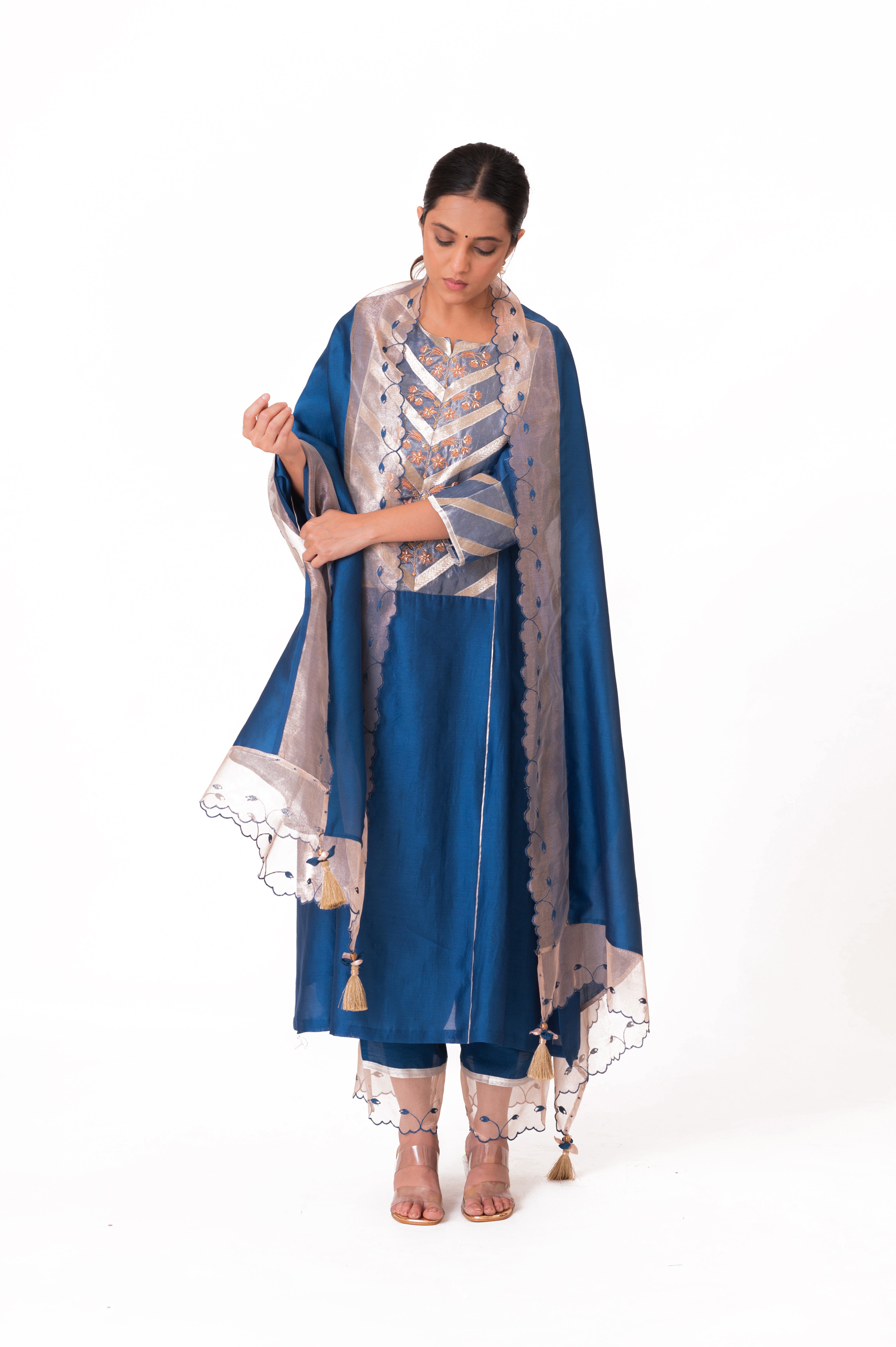 LILA Royal Blue Banarasi Kotha-Hand Embroidered Festive Kurta Set