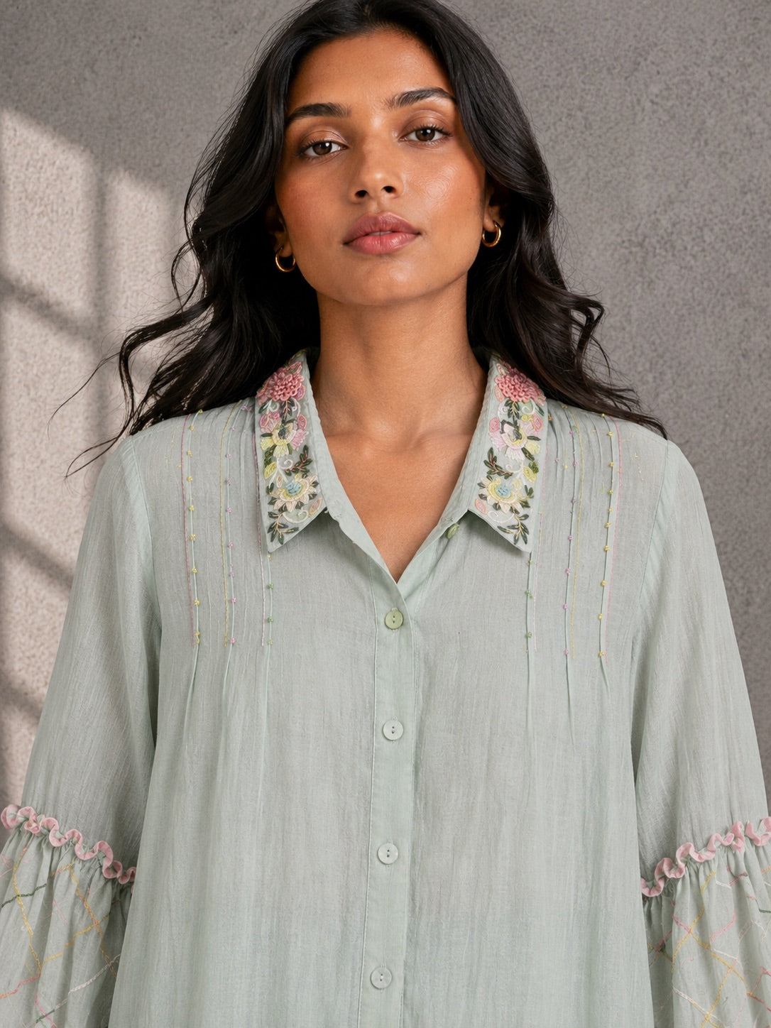 Pistachio Green Embroidered Shirt & Pants Set