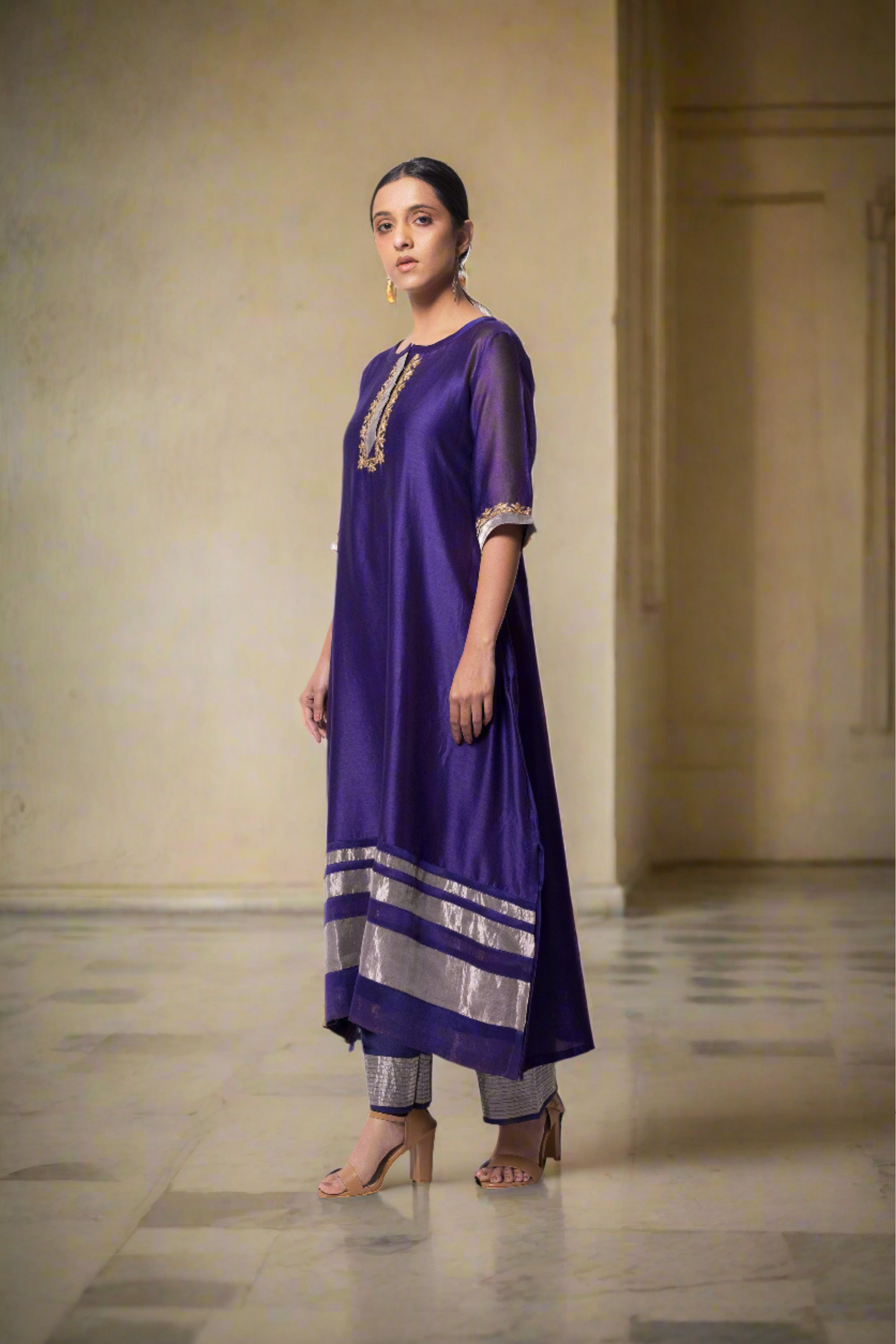 Violet Chanderi Silk - A-line Kurta Set