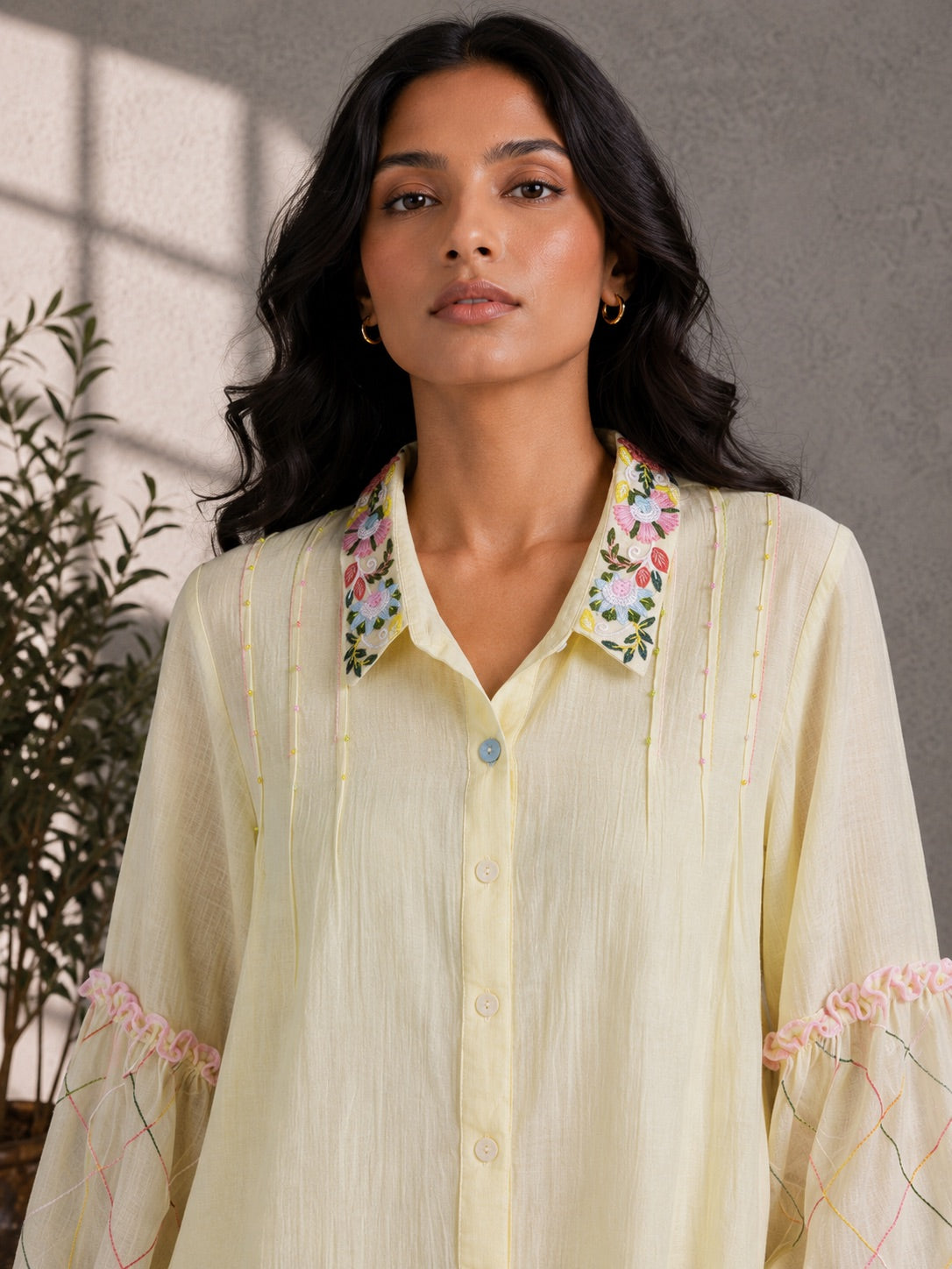 Butter Yellow Embroidered Shirt & Pants Set